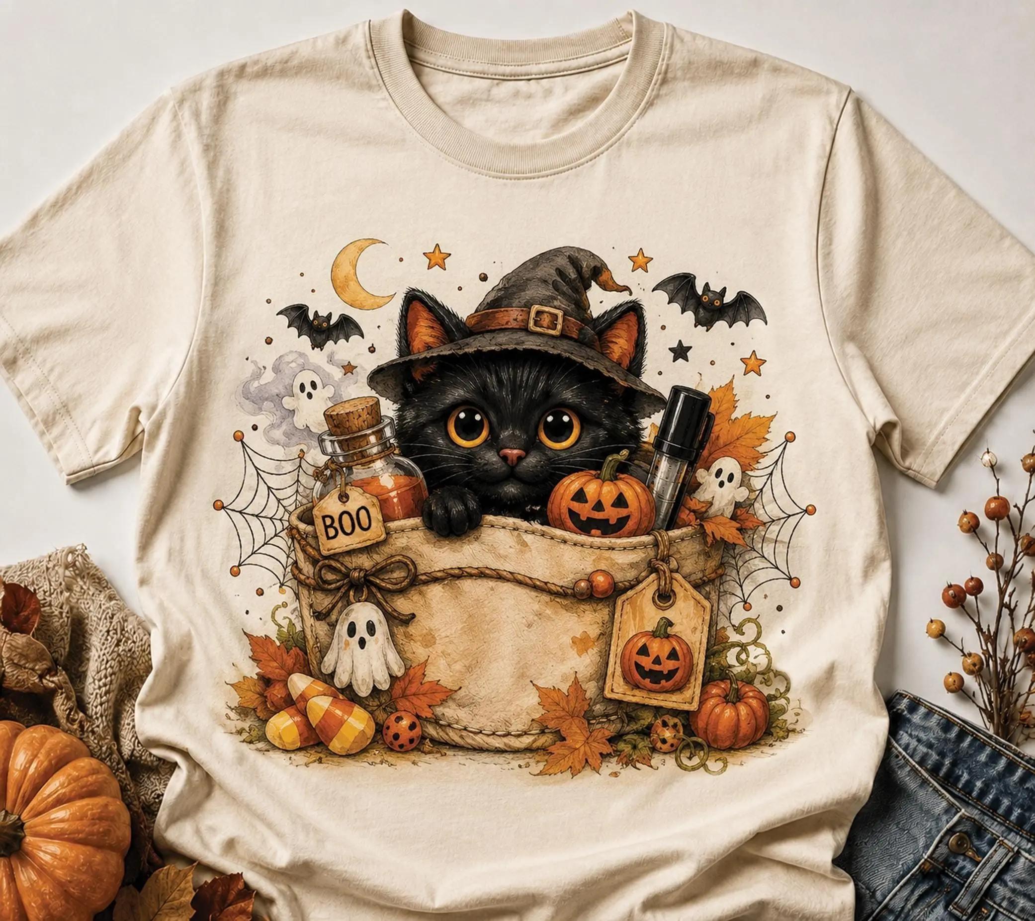 Black Cat Halloween Shirt for Women, Cute Witch Pumpkin Ghost Graphic Fall Tee, Spooky Gift Top - photo 3