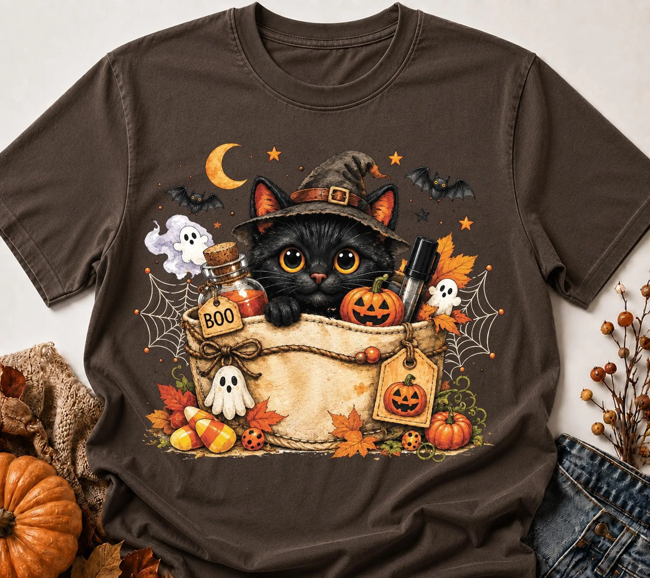 Black Cat Halloween Shirt for Women, Cute Witch Pumpkin Ghost Graphic Fall Tee, Spooky Gift Top - photo 4