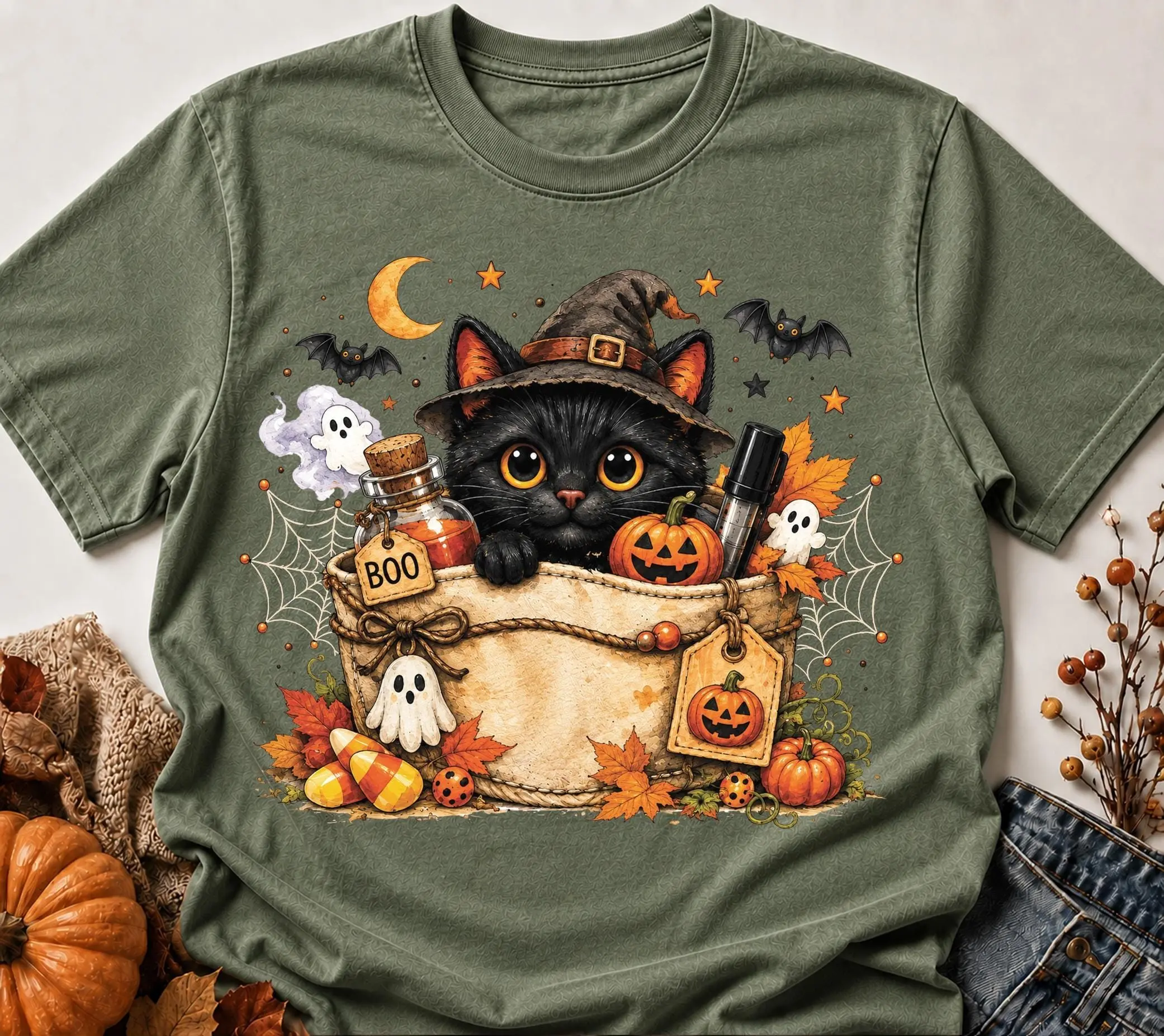 Black Cat Halloween Shirt for Women, Cute Witch Pumpkin Ghost Graphic Fall Tee, Spooky Gift Top - photo 5