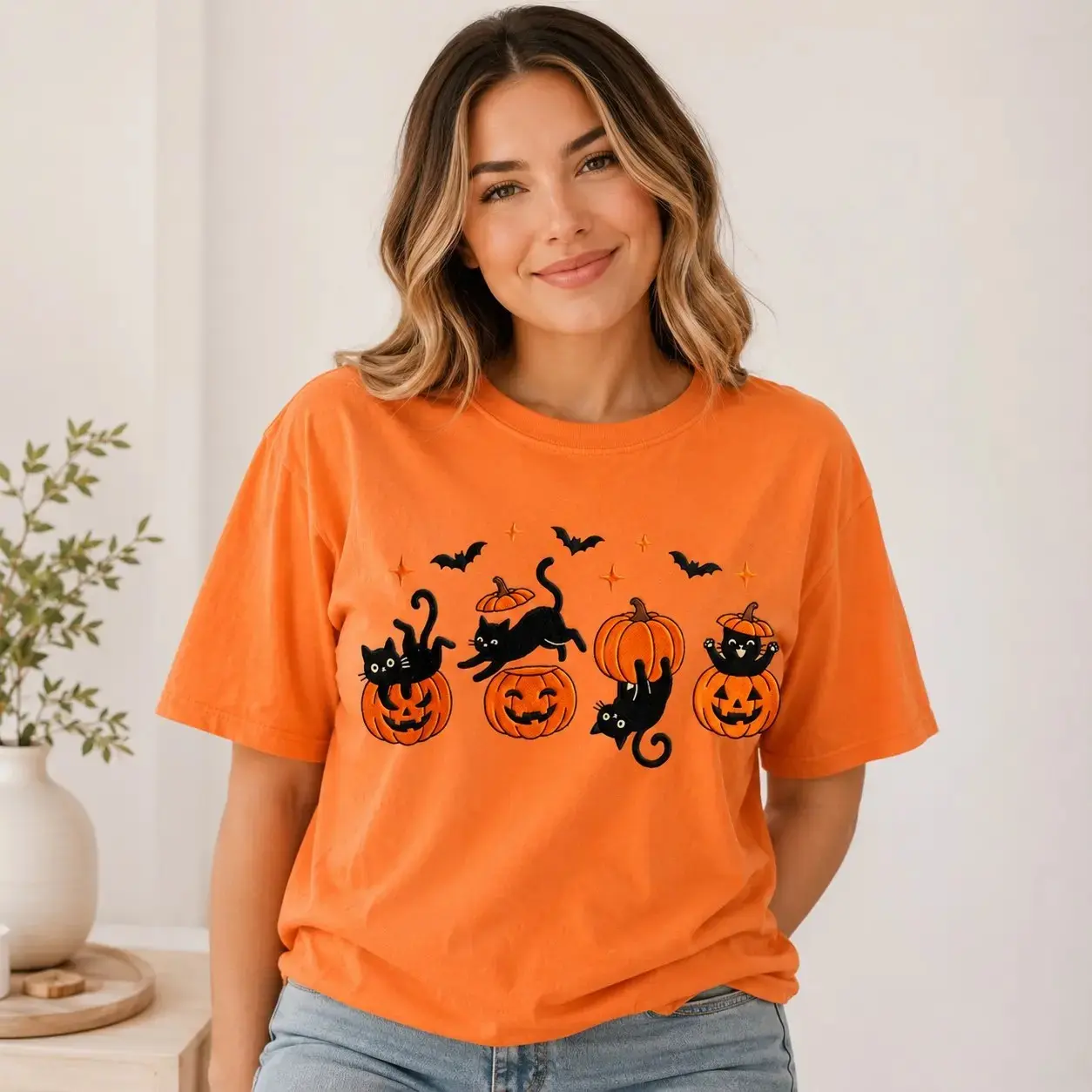 Black Cat on Pumpkin Comfort Colors Tee, Womens Halloween Spooky Season Shirt, Cute Fall Cat Mom Lover Gift