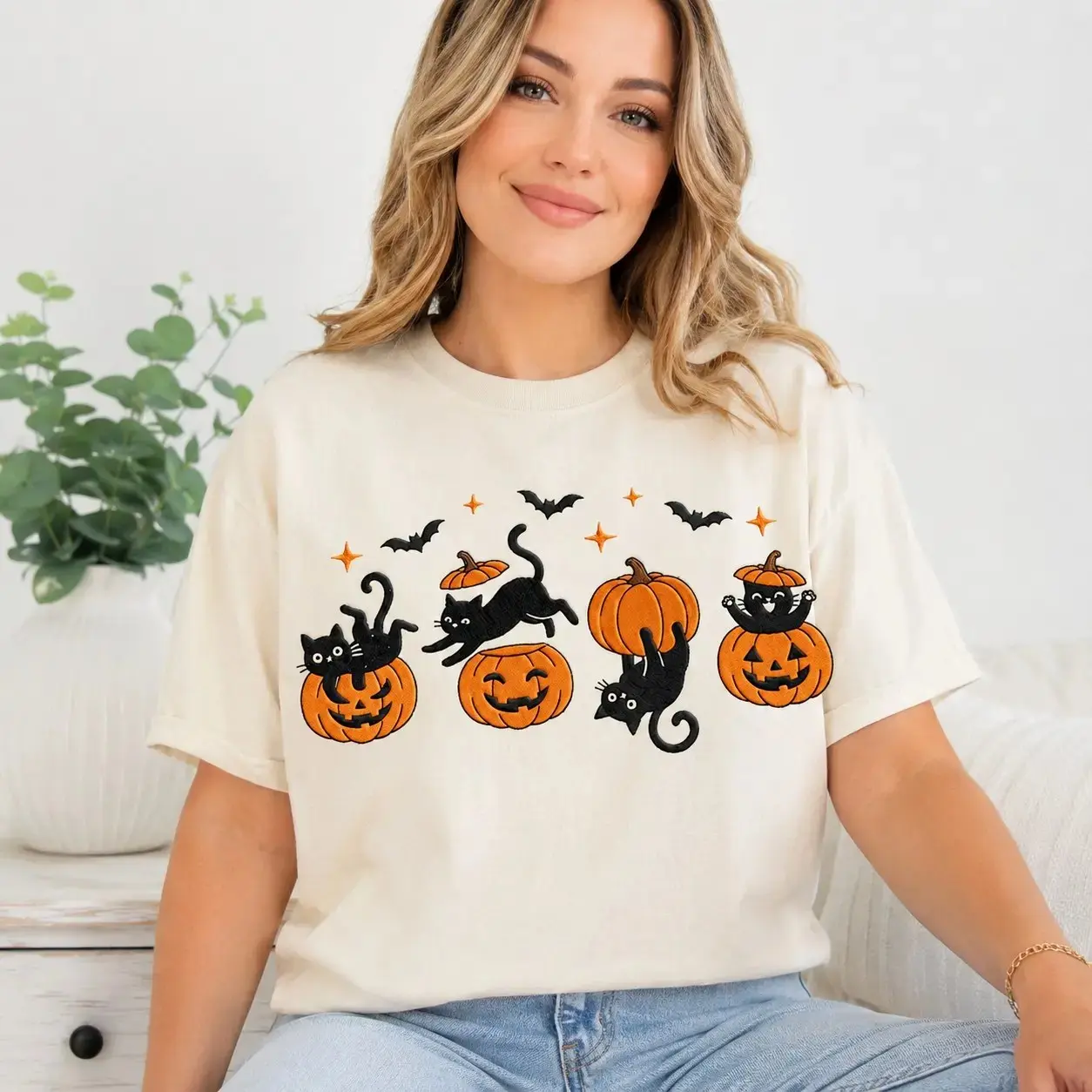 Black Cat on Pumpkin Comfort Colors Tee, Womens Halloween Spooky Season Shirt, Cute Fall Cat Mom Lover Gift - photo 3