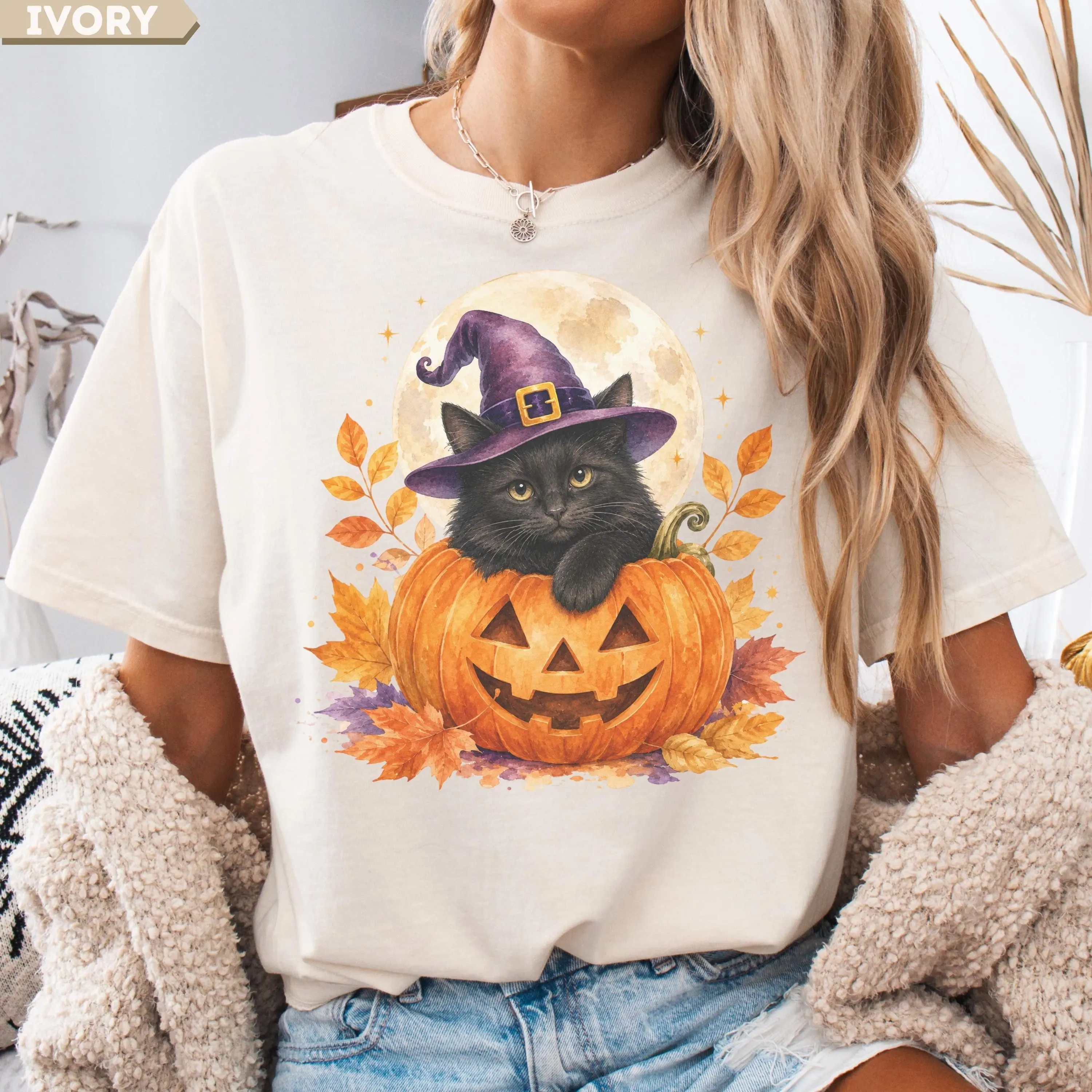 Black Cat Pumpkin Halloween Shirt, Vintage Witch Hat Graphic Tee