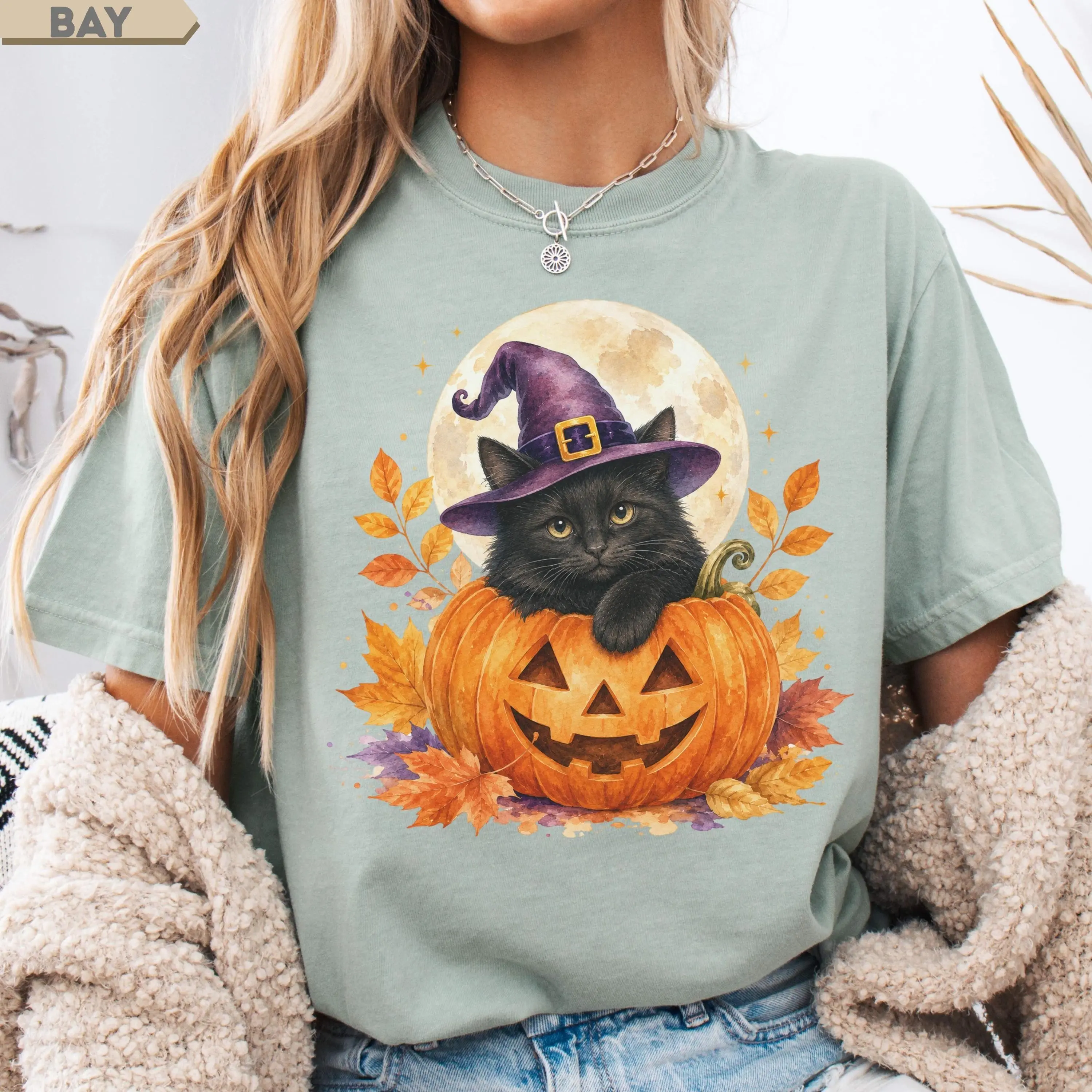 Black Cat Pumpkin Halloween Shirt, Vintage Witch Hat Graphic Tee - photo 3