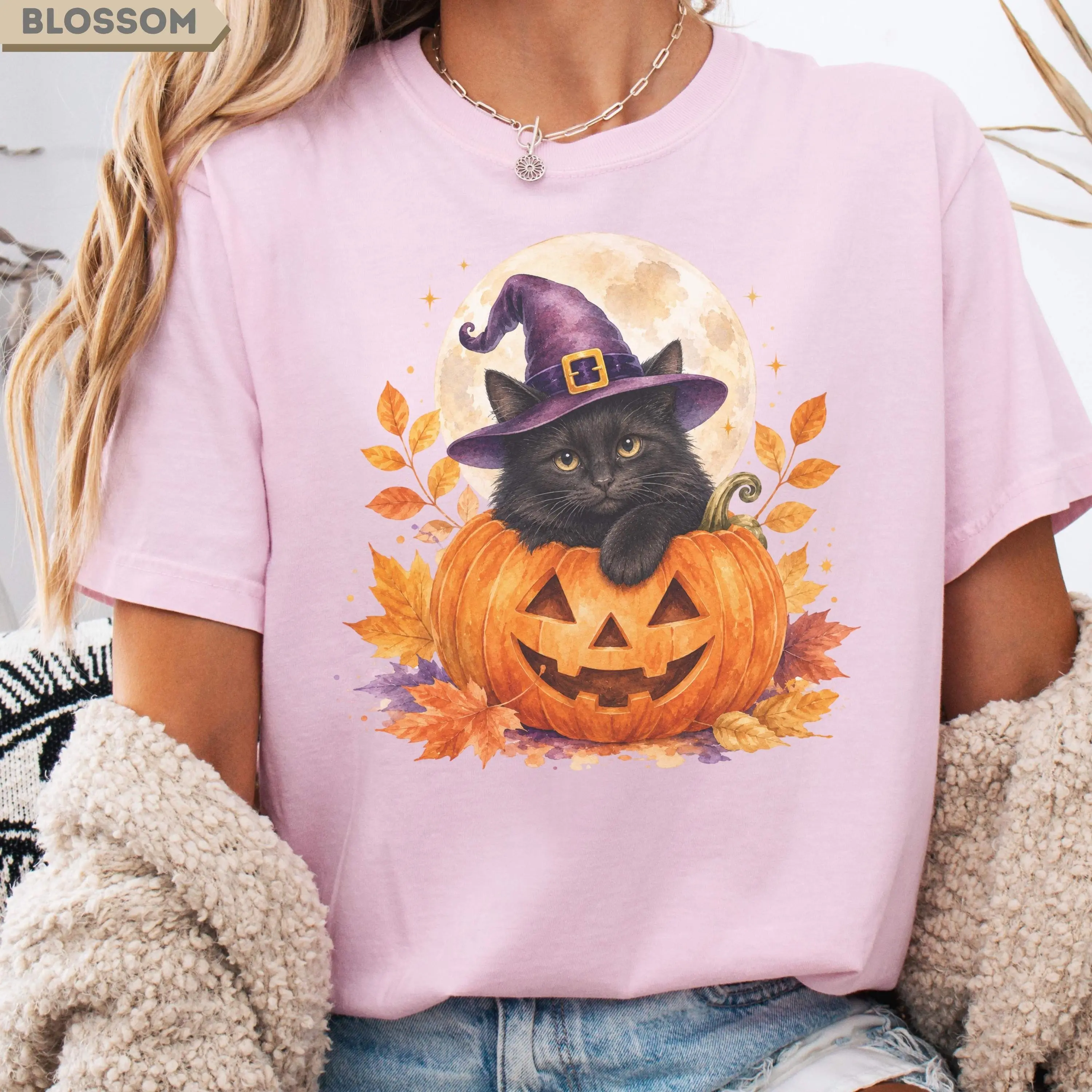 Black Cat Pumpkin Halloween Shirt, Vintage Witch Hat Graphic Tee - photo 4