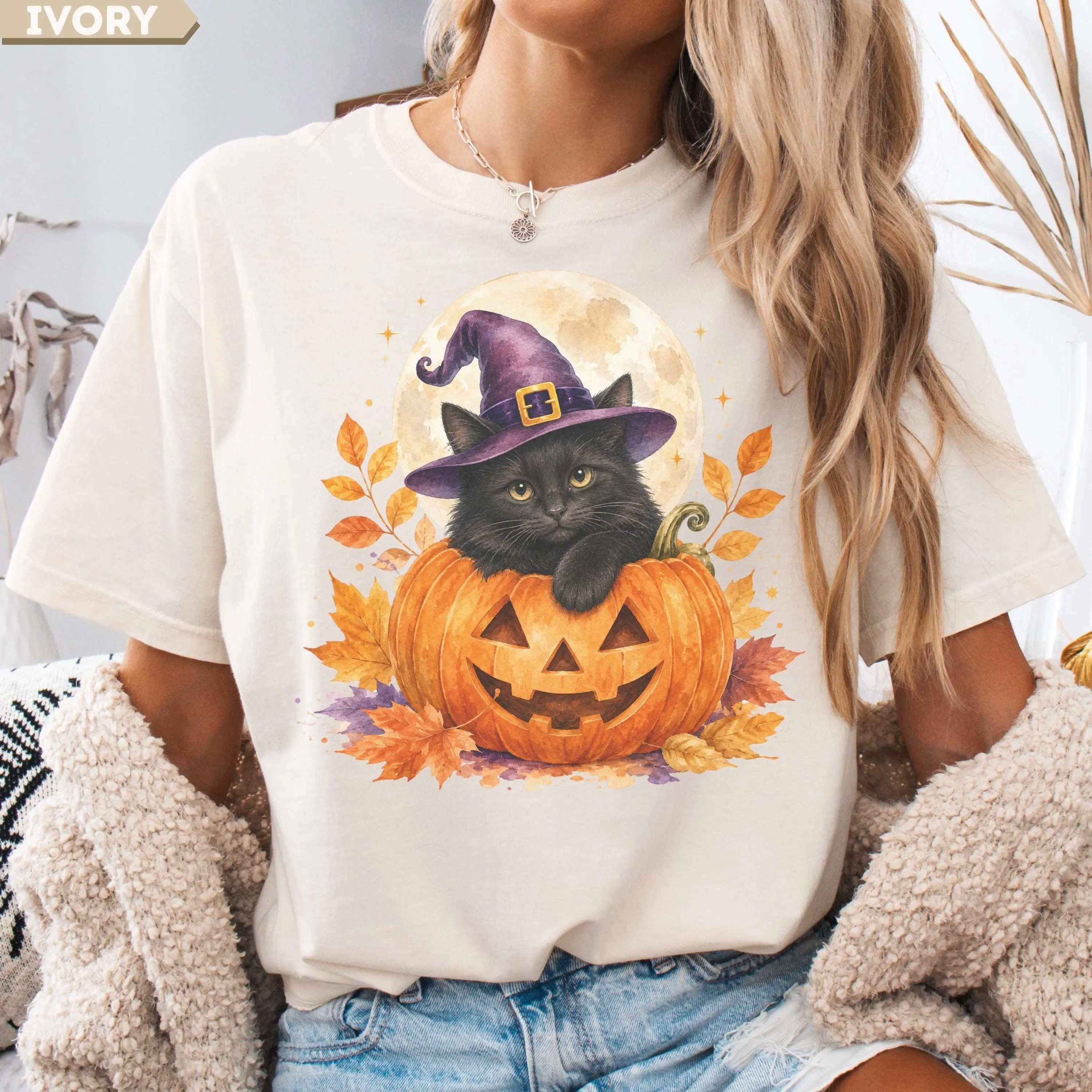 Black Cat Pumpkin Halloween Shirt for Women, Vintage Witch Hat Graphic Tee, Cute Fall Lover Retro Party Top