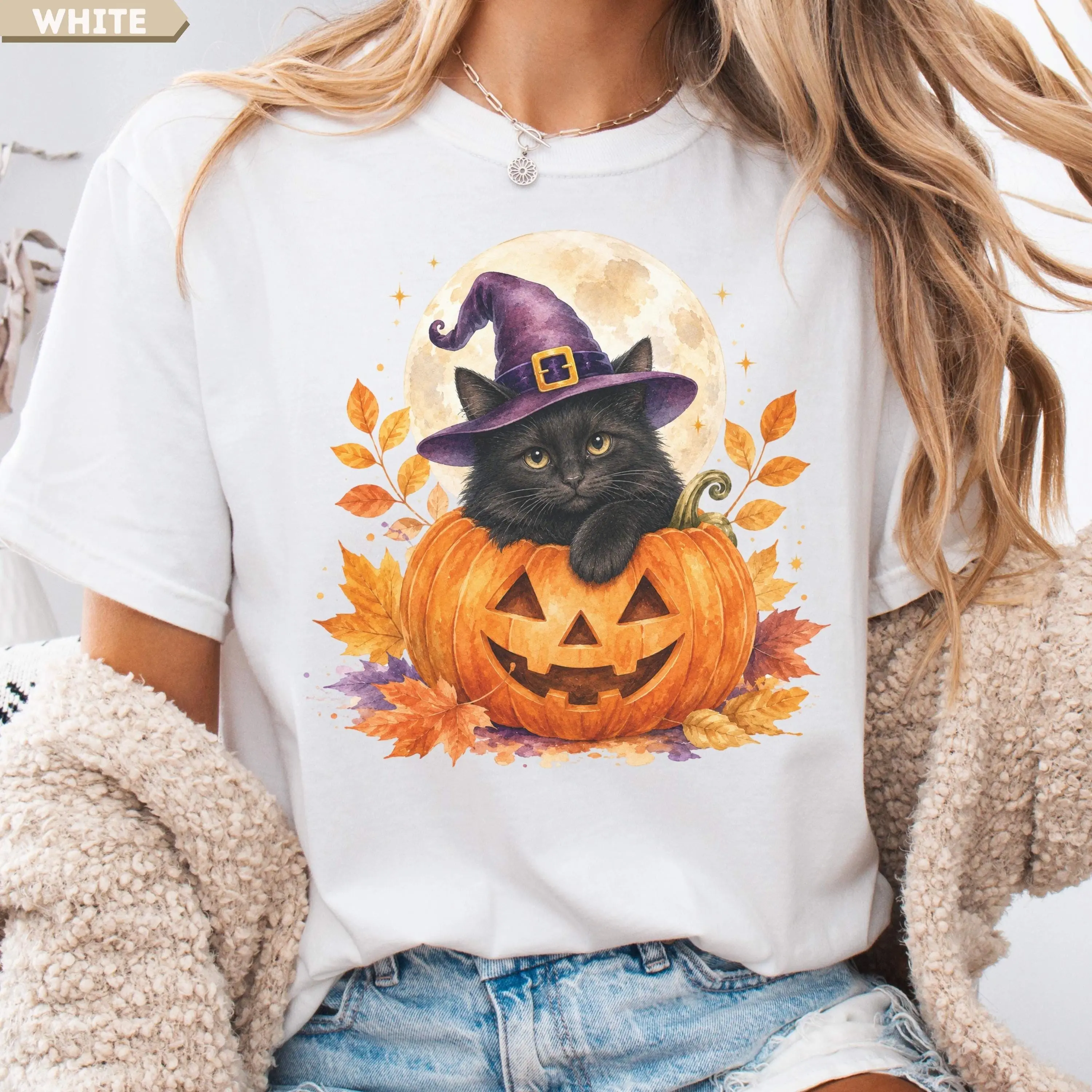 Black Cat Pumpkin Halloween Shirt for Women, Vintage Witch Hat Graphic Tee, Cute Fall Lover Retro Party Top - photo 2