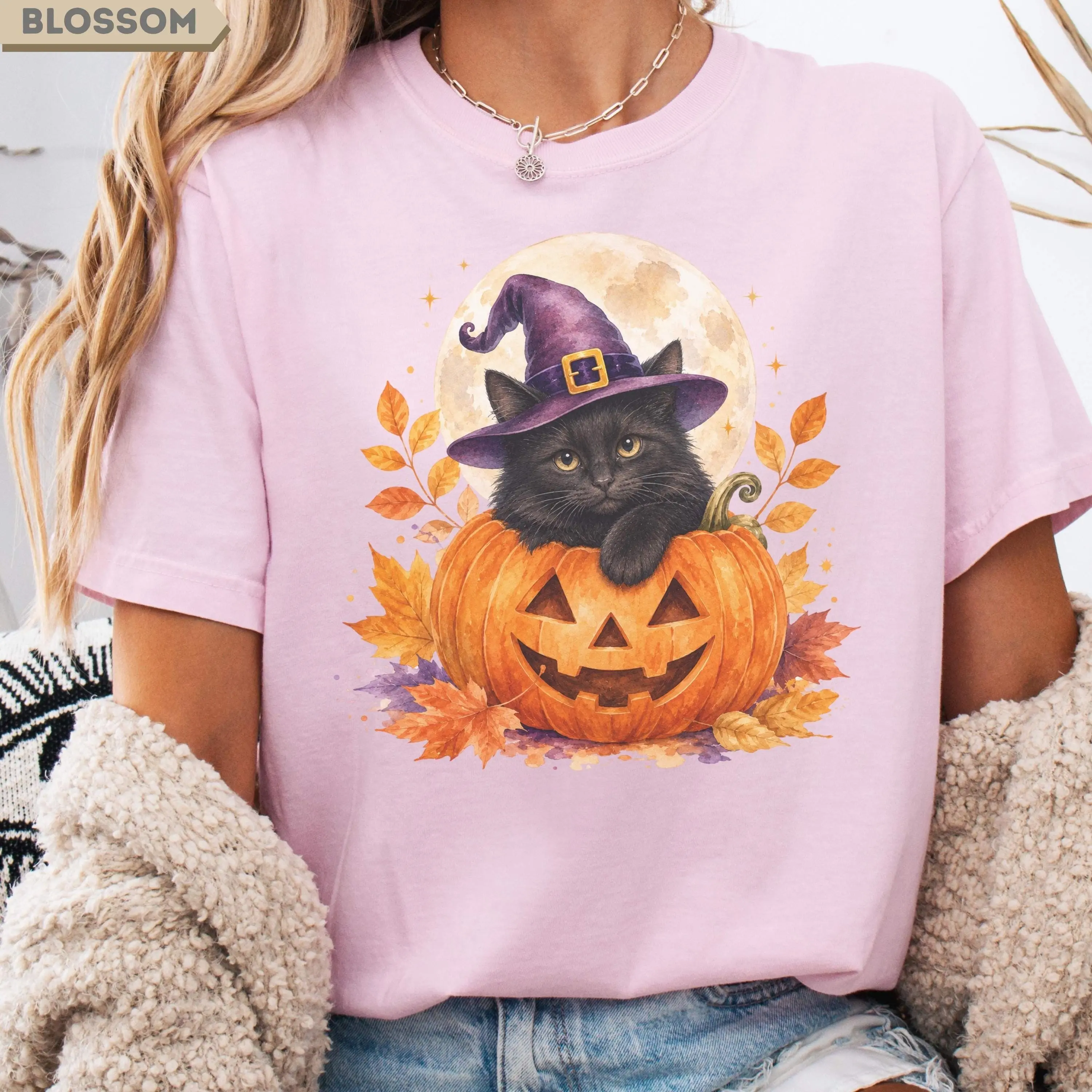 Black Cat Pumpkin Halloween Shirt for Women, Vintage Witch Hat Graphic Tee, Cute Fall Lover Retro Party Top - photo 3
