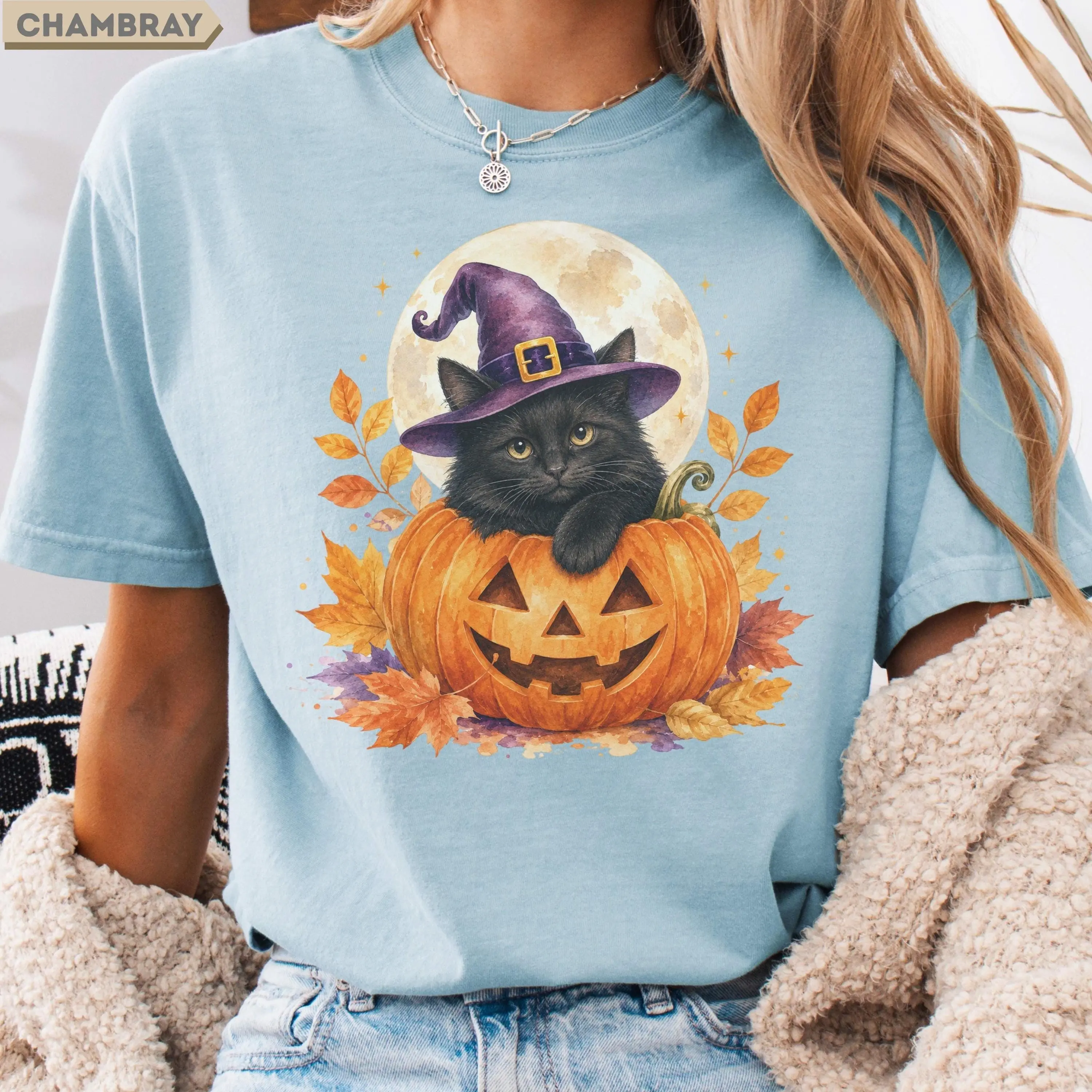 Black Cat Pumpkin Halloween Shirt for Women, Vintage Witch Hat Graphic Tee, Cute Fall Lover Retro Party Top - photo 5