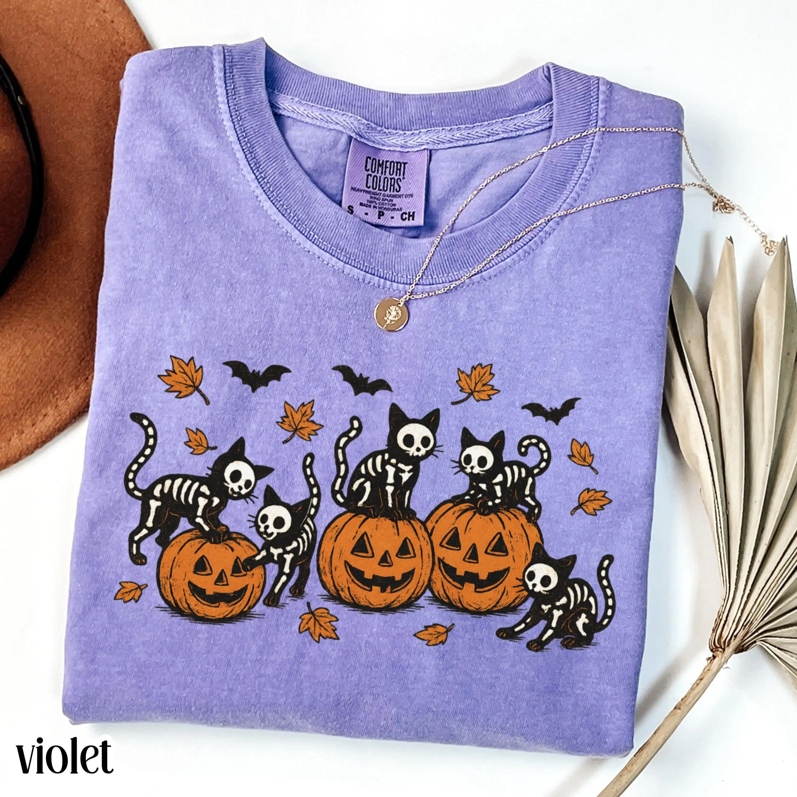 Comfort Colors Black Cat Pumpkin Shirt, Vintage Halloween Tee, Retro Skeleton Spooky Season Cozy Fall Top for Cat Lovers