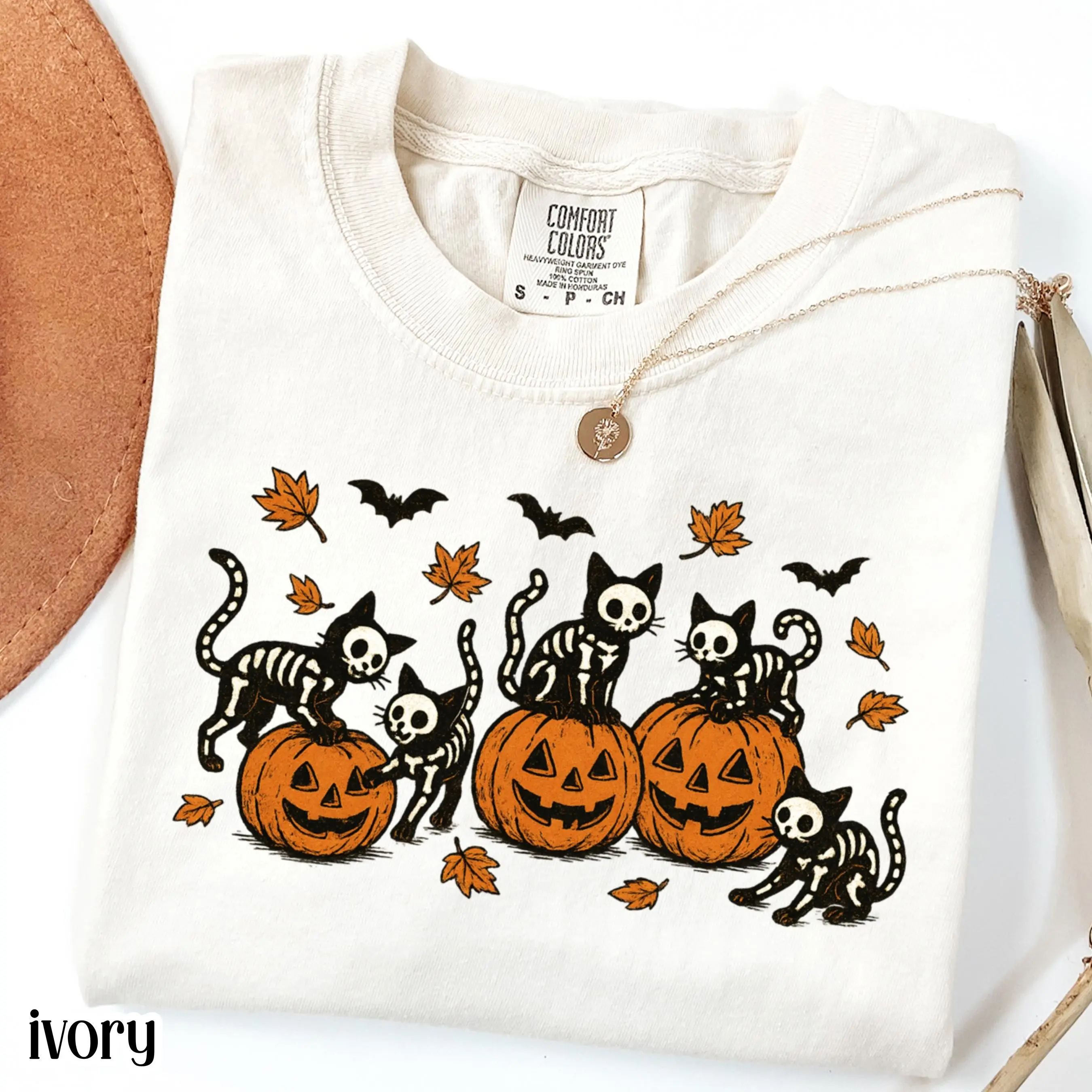 Comfort Colors Black Cat Pumpkin Shirt, Vintage Halloween Tee, Retro Skeleton Spooky Season Cozy Fall Top for Cat Lovers - photo 3