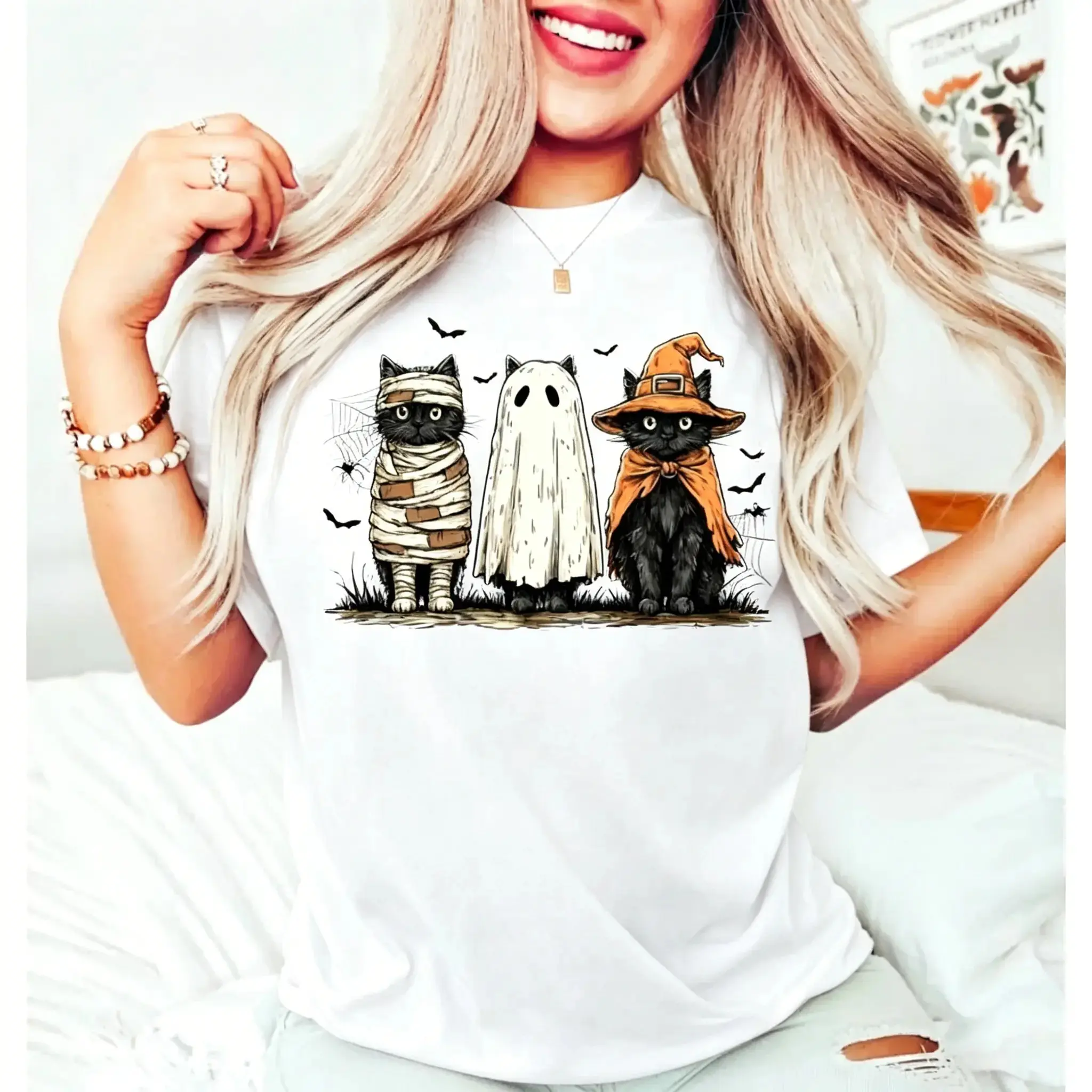Gothic Black Cat Mama Pumpkin Sweatshirt, Retro Ghost Autumn Halloween Crewneck for Women - photo 1