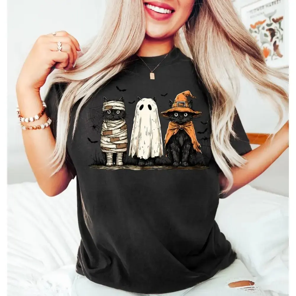 Gothic Black Cat Mama Pumpkin Sweatshirt, Retro Ghost Autumn Halloween Crewneck for Women - photo 2
