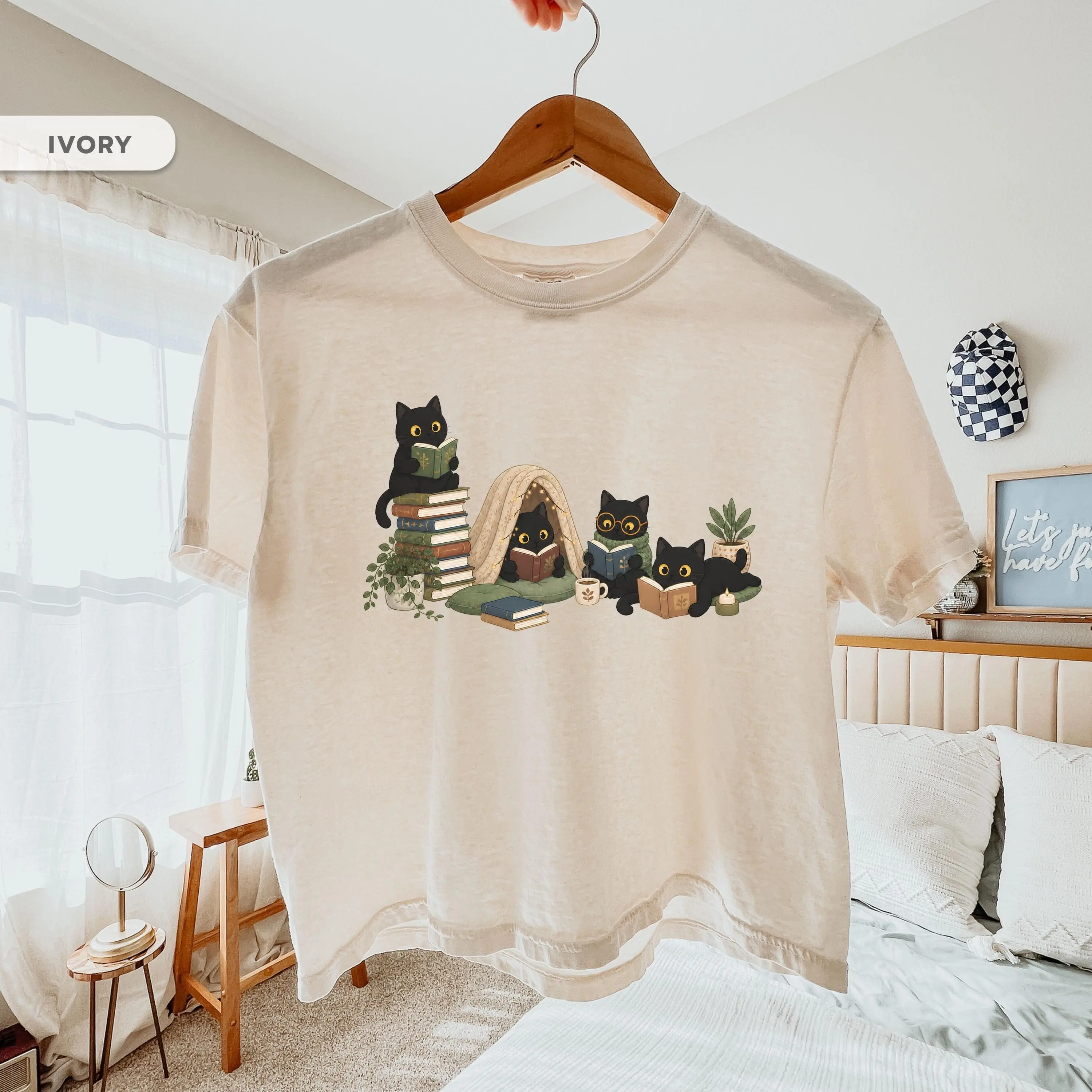 Black Cat Reading Boxy Shirt, Bookish Cat Mom Crop Tee, Cozy Reader Librarian Teacher Gift For Her - photo 1