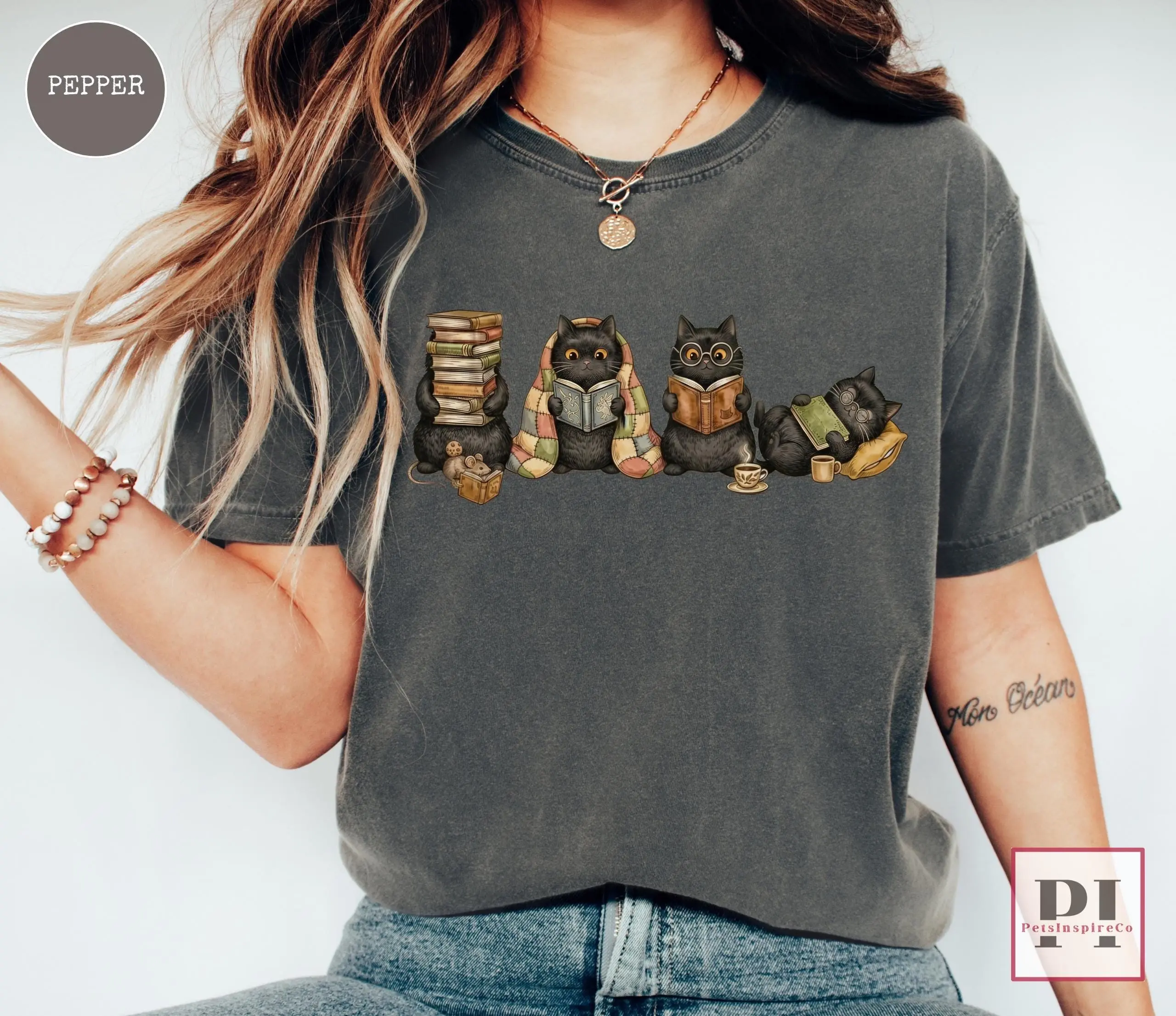 Comfort Colors Black Cat Reading Shirt, Bookish Librarian Tee, Cozy Reader Book Lover Cat Mom Gift - photo 3