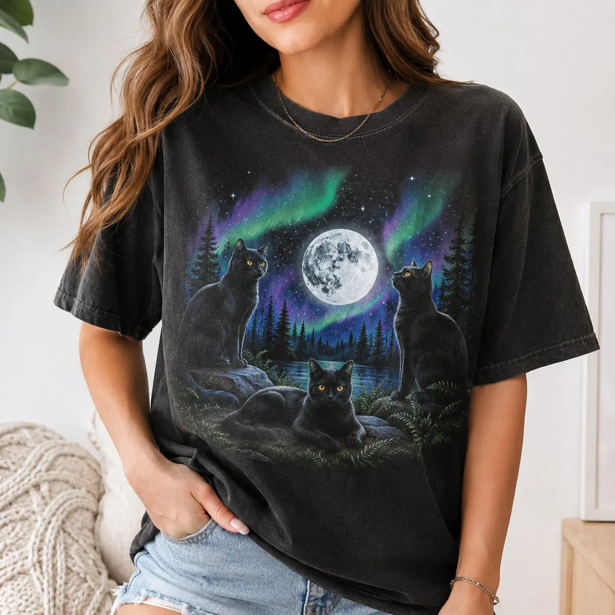 Black Cat Lover Shirt for Women, Celestial Moon Magical Forest Witchy Vintage Oversized Graphic Tee