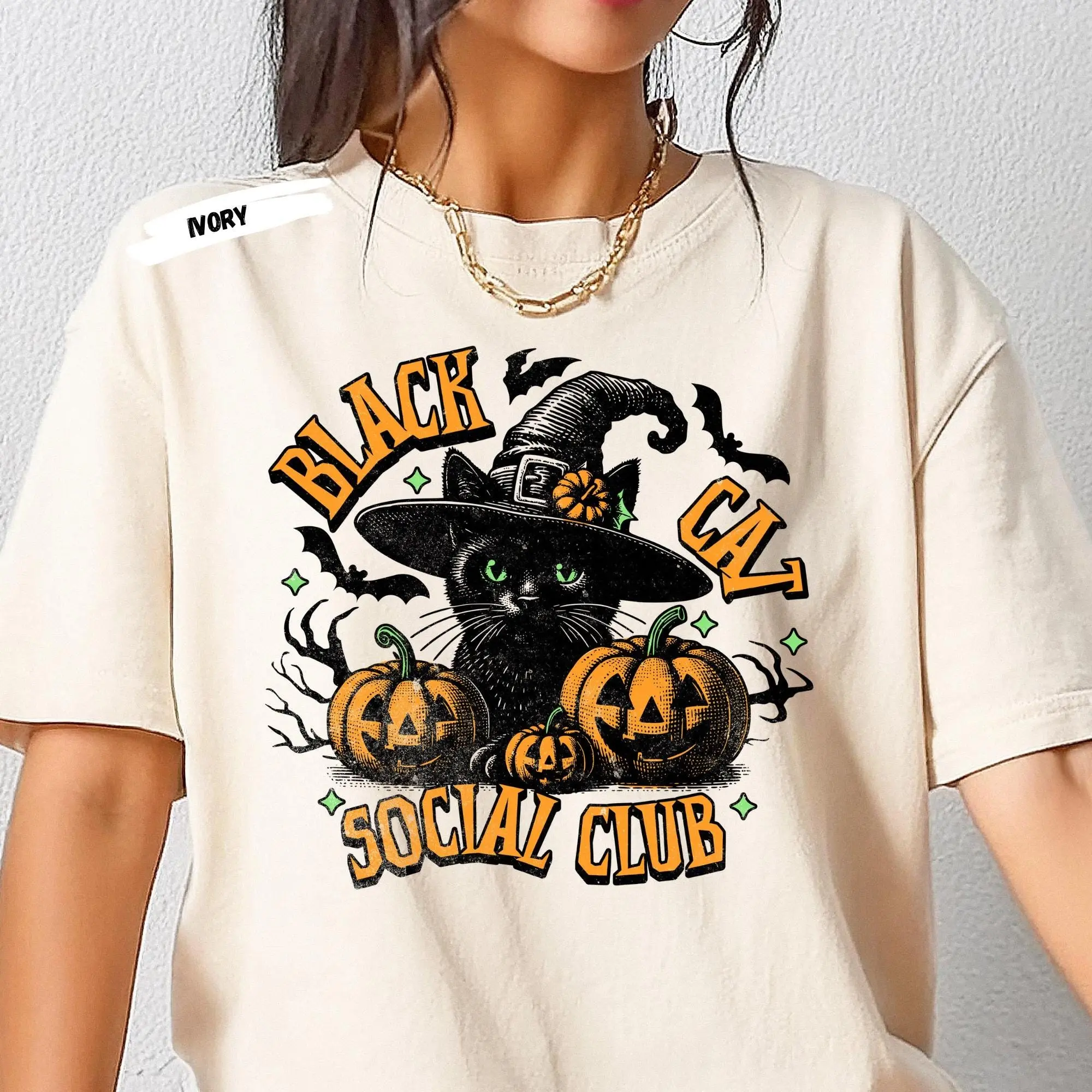 Black Cat Social Club Halloween Tee: Comfort Colors Witch Cat Shirt
