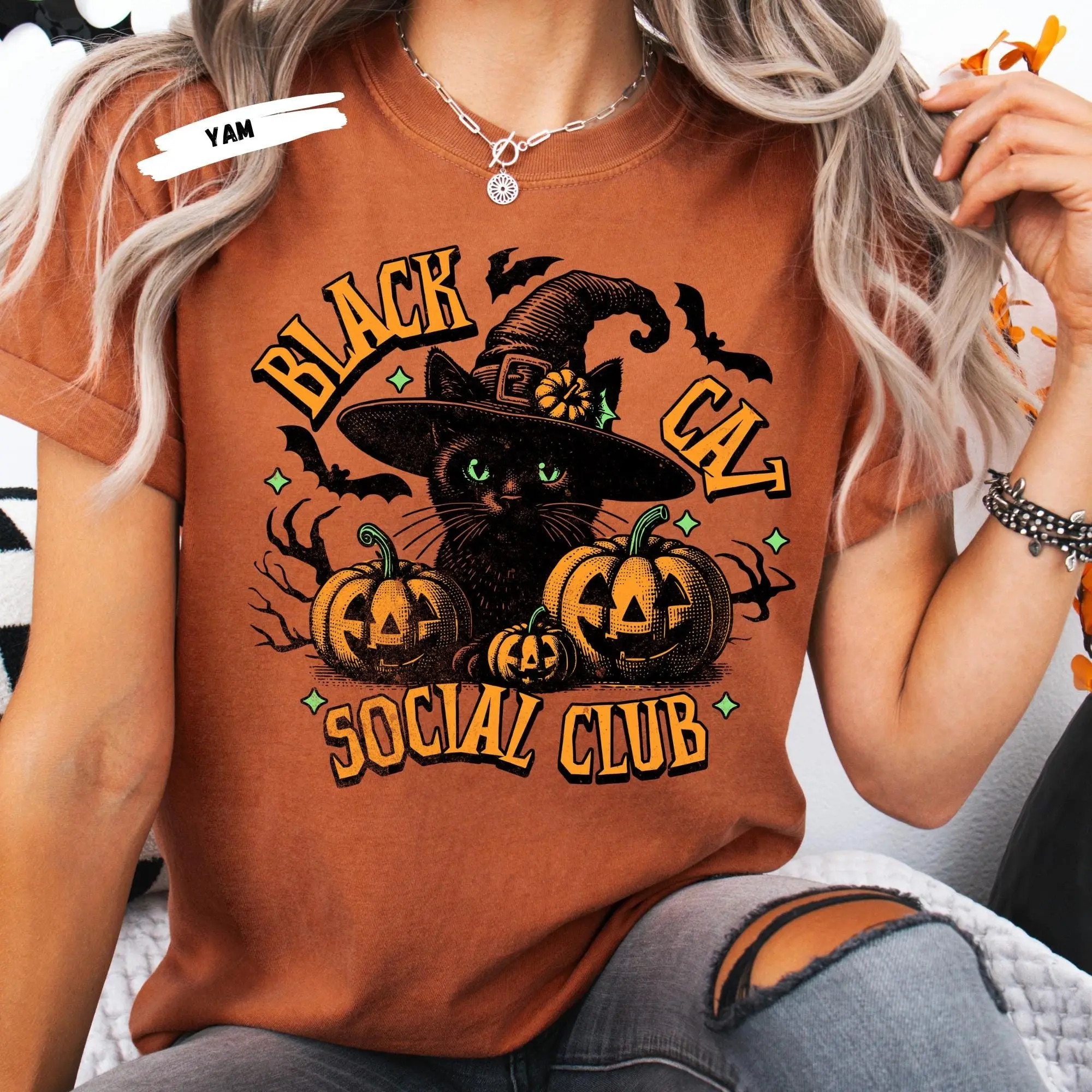 Black Cat Social Club Halloween Tee: Comfort Colors Witch Cat Shirt - photo 2