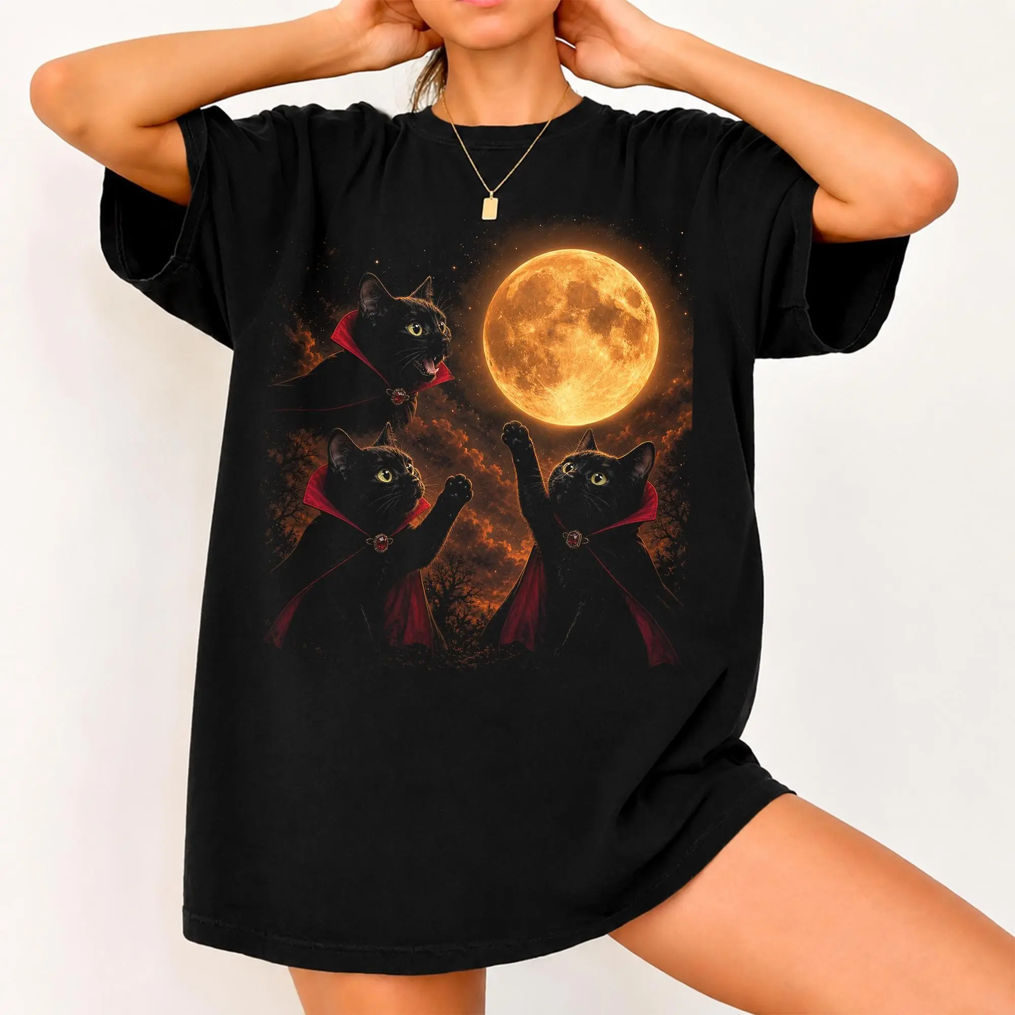 Vampire Black Cat Comfort Colors Shirt, Gothic Moon Halloween Tee, Cute Spooky Kitty Lover Gift - photo 2