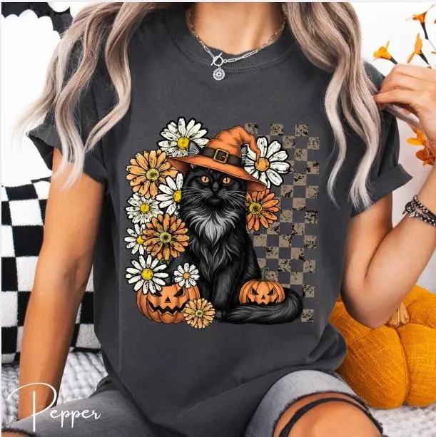 Black Cat Witch Hat Halloween Shirt, Autumn Florals, Pumpkins, Comfort Colors Tee