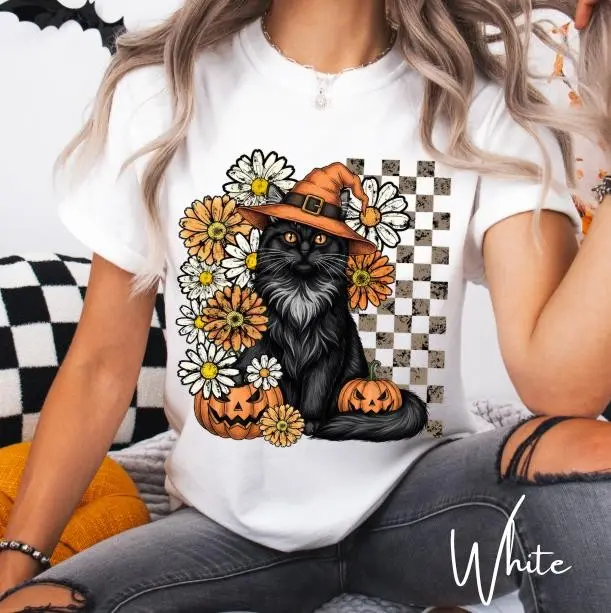 Black Cat Witch Hat Halloween Shirt, Autumn Florals, Pumpkins, Comfort Colors Tee - photo 2