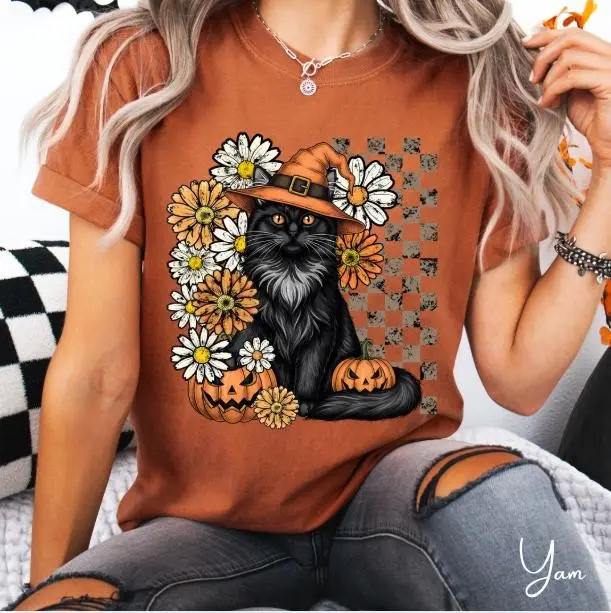 Black Cat Witch Hat Halloween Shirt, Autumn Florals, Pumpkins, Comfort Colors Tee - photo 3