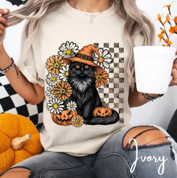 Black Cat Witch Hat Halloween Shirt, Autumn Florals, Pumpkins, Comfort Colors Tee - photo 4