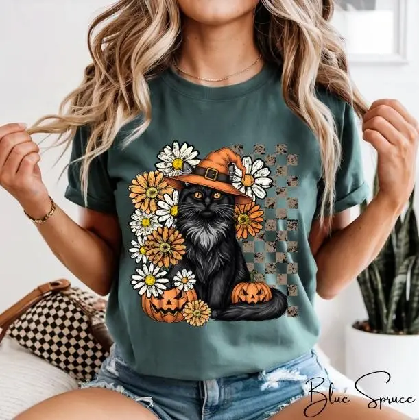 Black Cat Witch Hat Halloween Shirt, Autumn Florals, Pumpkins, Comfort Colors Tee - photo 5