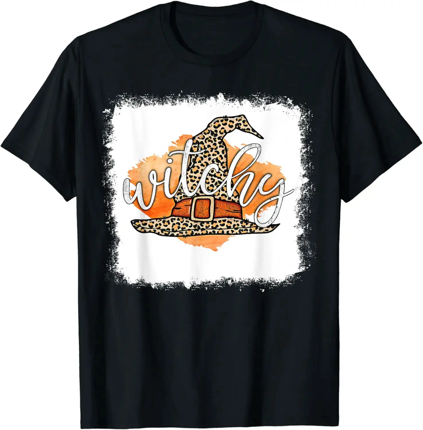 Bleached Witchy Leopard Print Hat T-Shirt, Basic Witch Halloween Graphic Tee, Cute Fall Top for Women