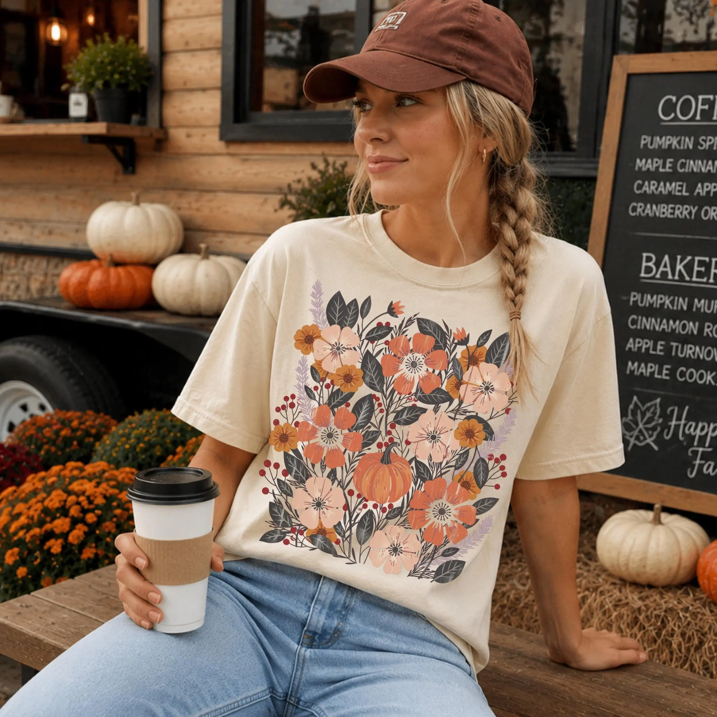 Boho Fall Floral Pumpkin T-Shirt for Women, Autumn Wildflower Leaves Graphic Tee, Cute Thanksgiving Casual Top