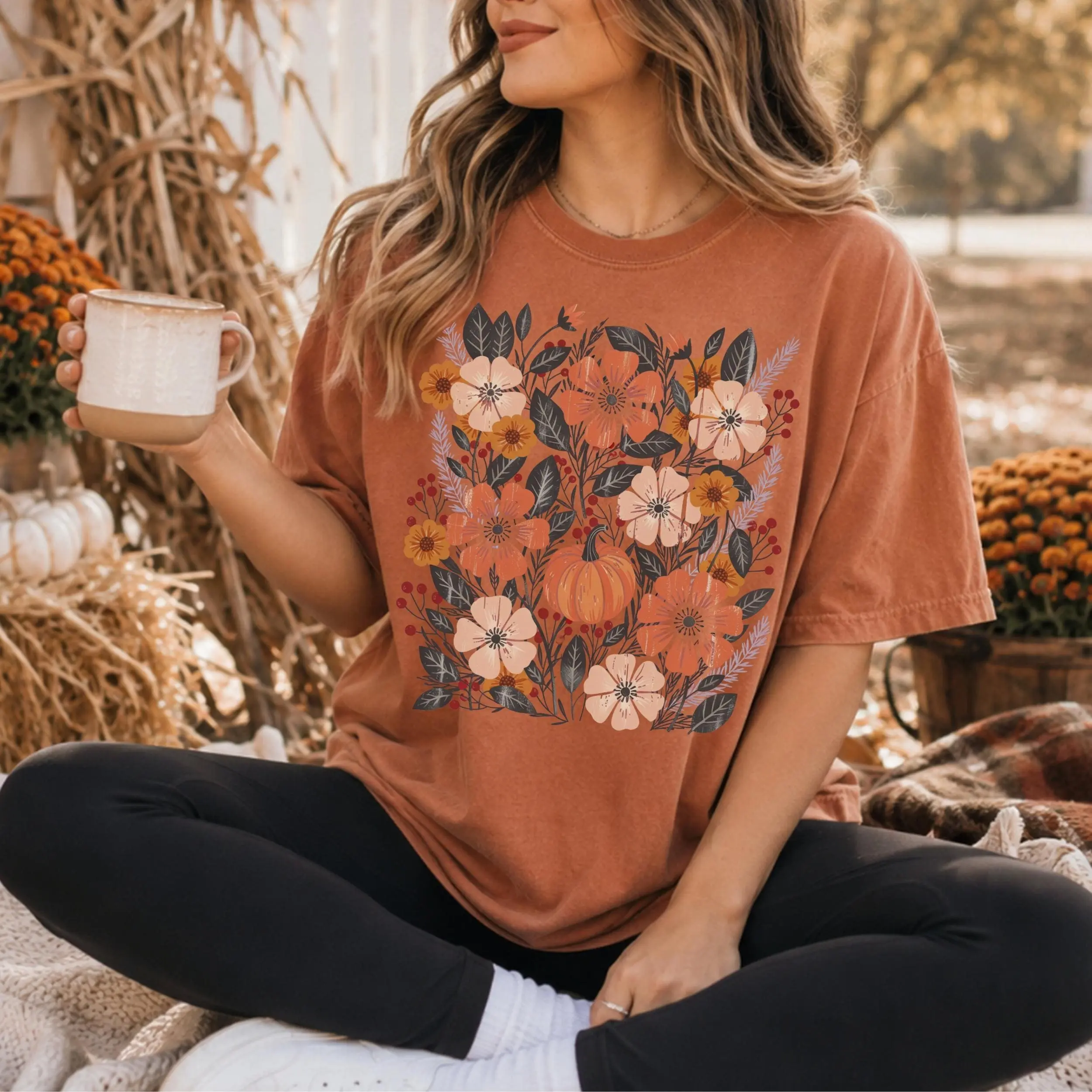 Boho Fall Floral Pumpkin T-Shirt for Women, Autumn Wildflower Leaves Graphic Tee, Cute Thanksgiving Casual Top - photo 2