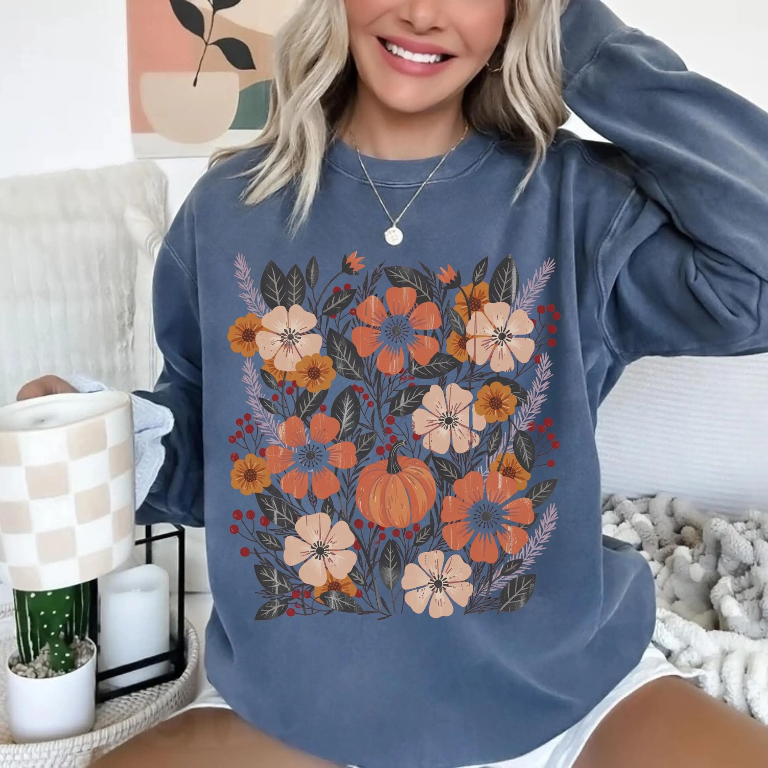 Boho Fall Floral Pumpkin T-Shirt for Women, Autumn Wildflower Leaves Graphic Tee, Cute Thanksgiving Casual Top - photo 3