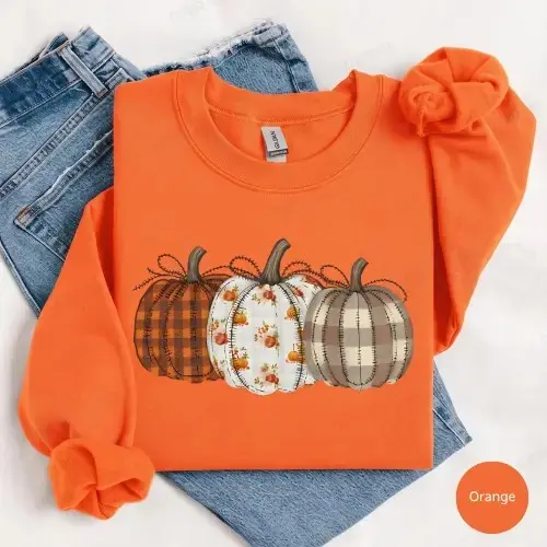 Boho Fall Pumpkin Gildan Sweatshirt, Cute Autumn Harvest Patch Thanksgiving Graphic Top, Cozy Apparel Gift - photo 2