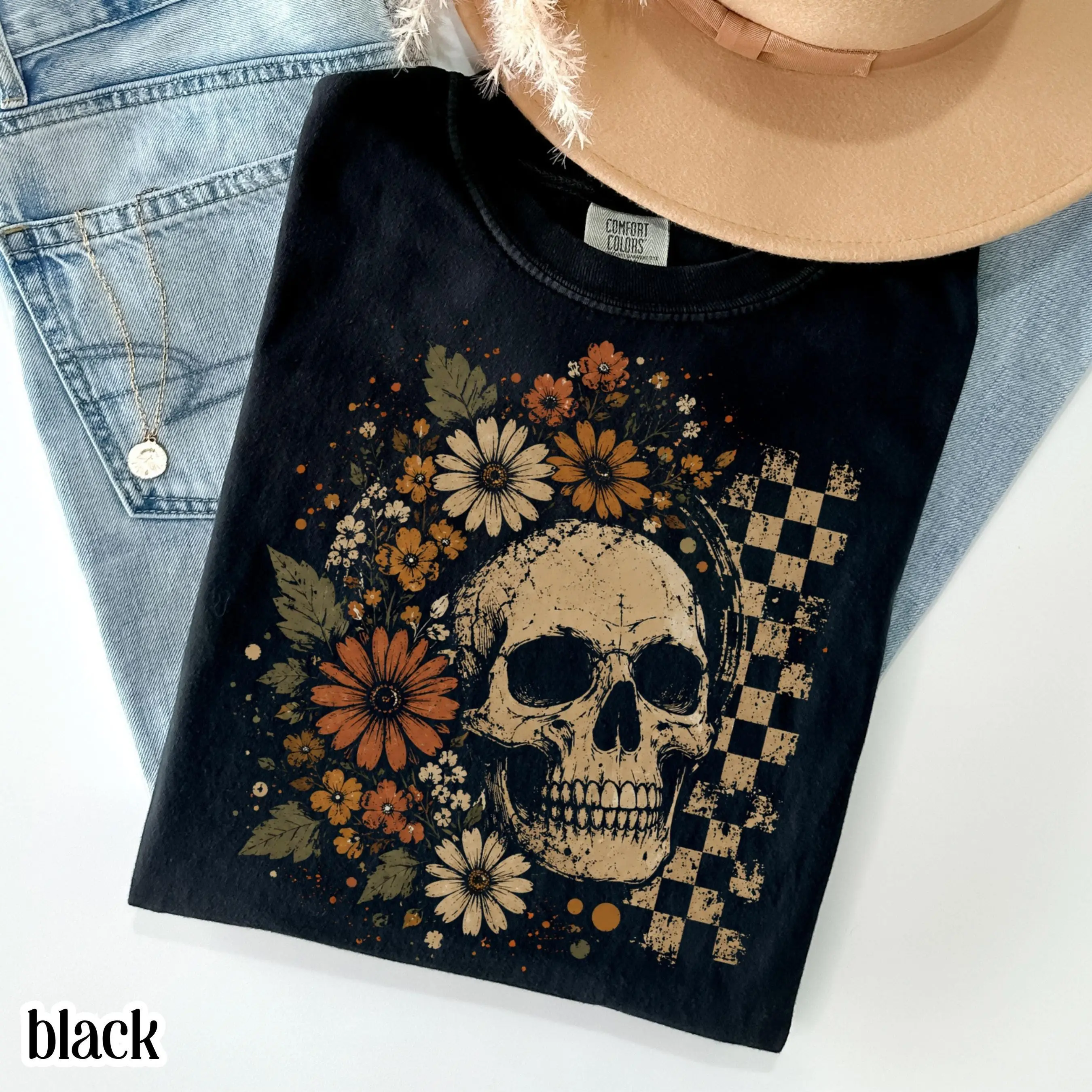 Boho Floral Skull Comfort Colors Shirt, Gothic Vintage Halloween Spooky Season Retro Summerween Checkered Skeleton Tee