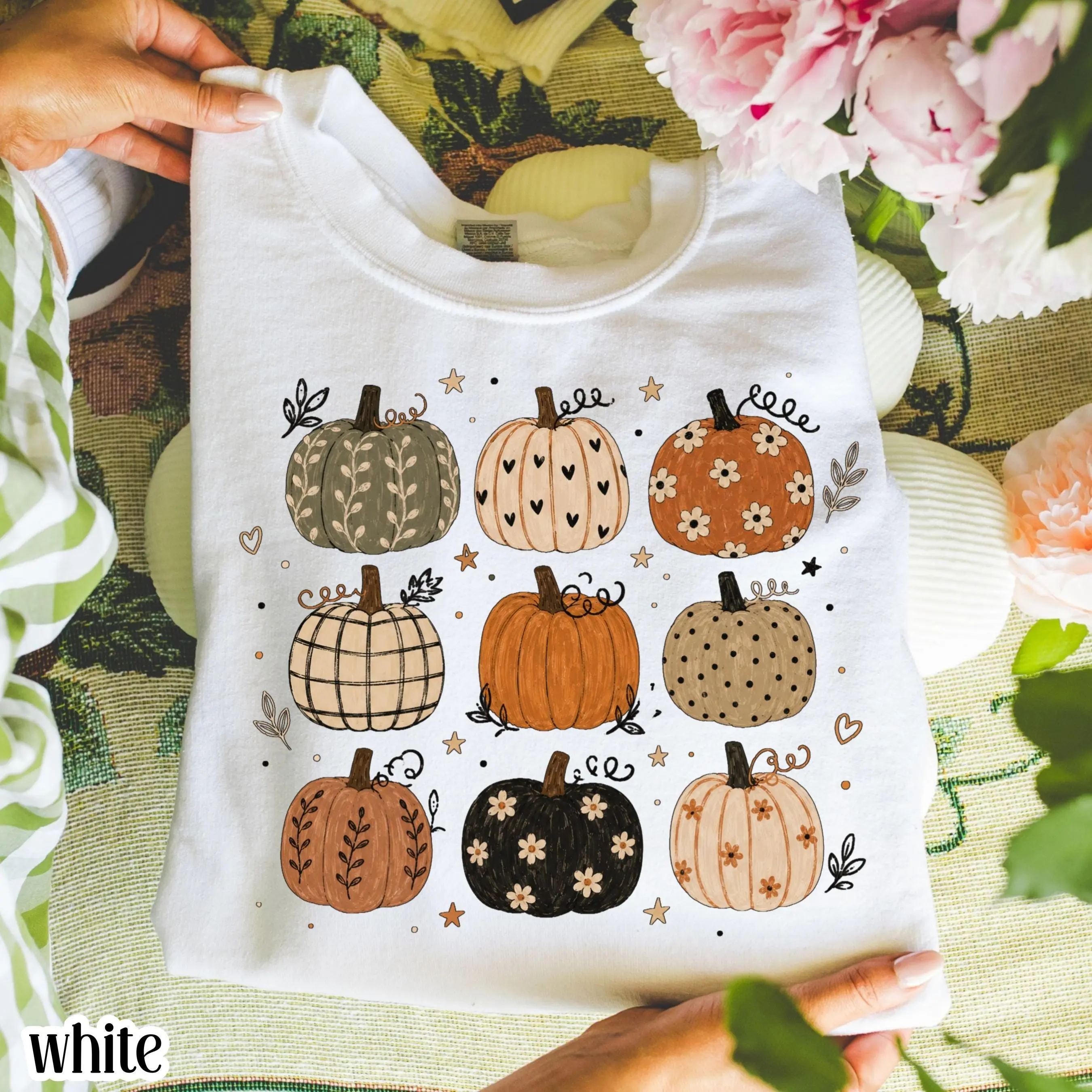 Boho Pumpkin Pattern Sweatshirt, Cute Fall Autumn Aesthetic Cottagecore Harvest Season Thanksgiving Crewneck - photo 3