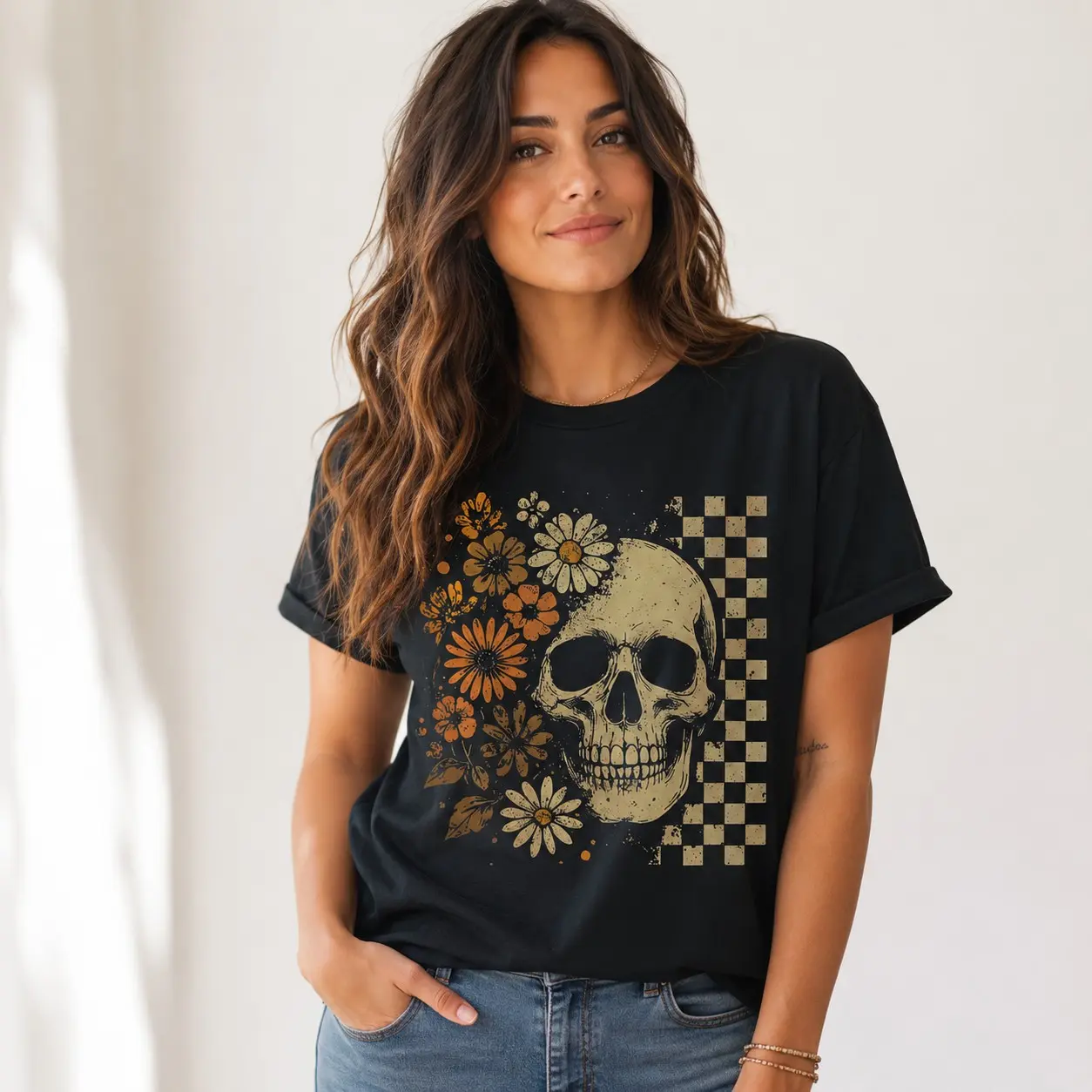 Boho Skull Graphic Shirt for Women, Vintage Grunge Retro Distressed Cute Spooky Summerween Halloween Tee