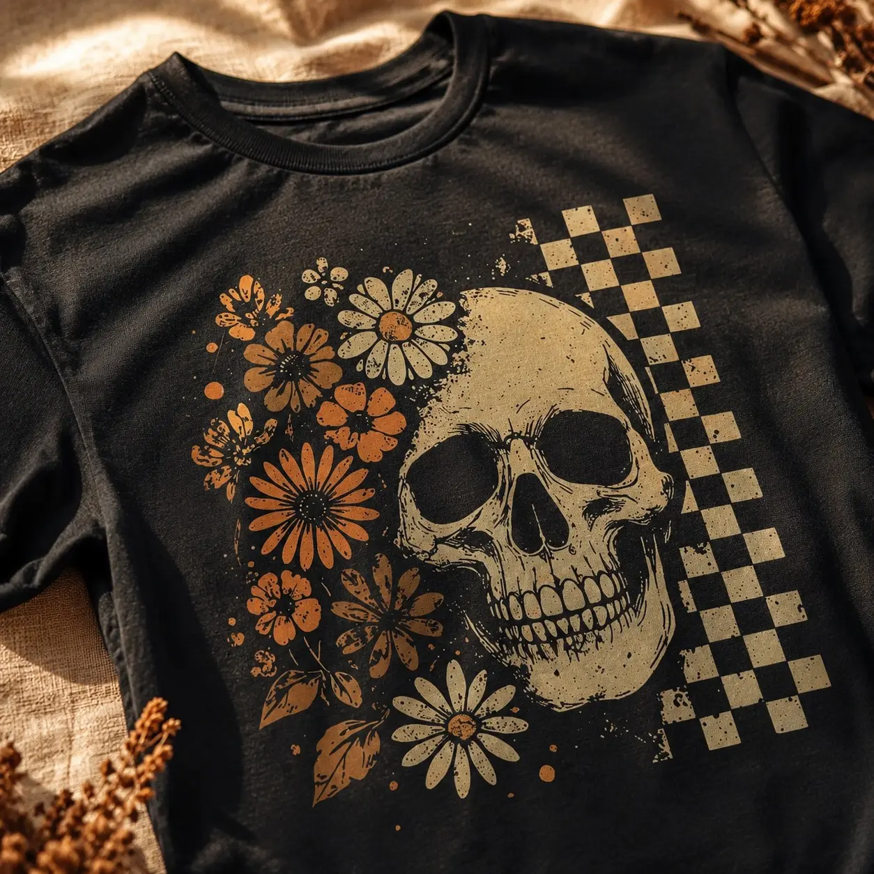 Boho Skull Graphic Shirt for Women, Vintage Grunge Retro Distressed Cute Spooky Summerween Halloween Tee - photo 5