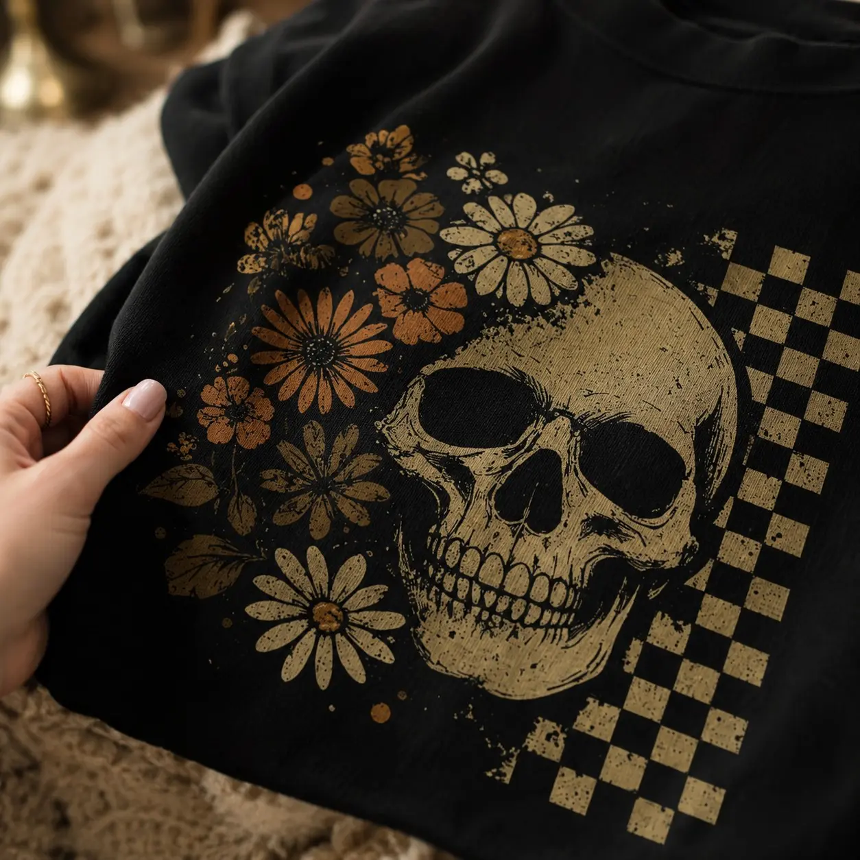 Boho Skull Print Graphic Sweatshirt for Women, Vintage Retro Summerween Cute Spooky Halloween Crewneck - photo 2