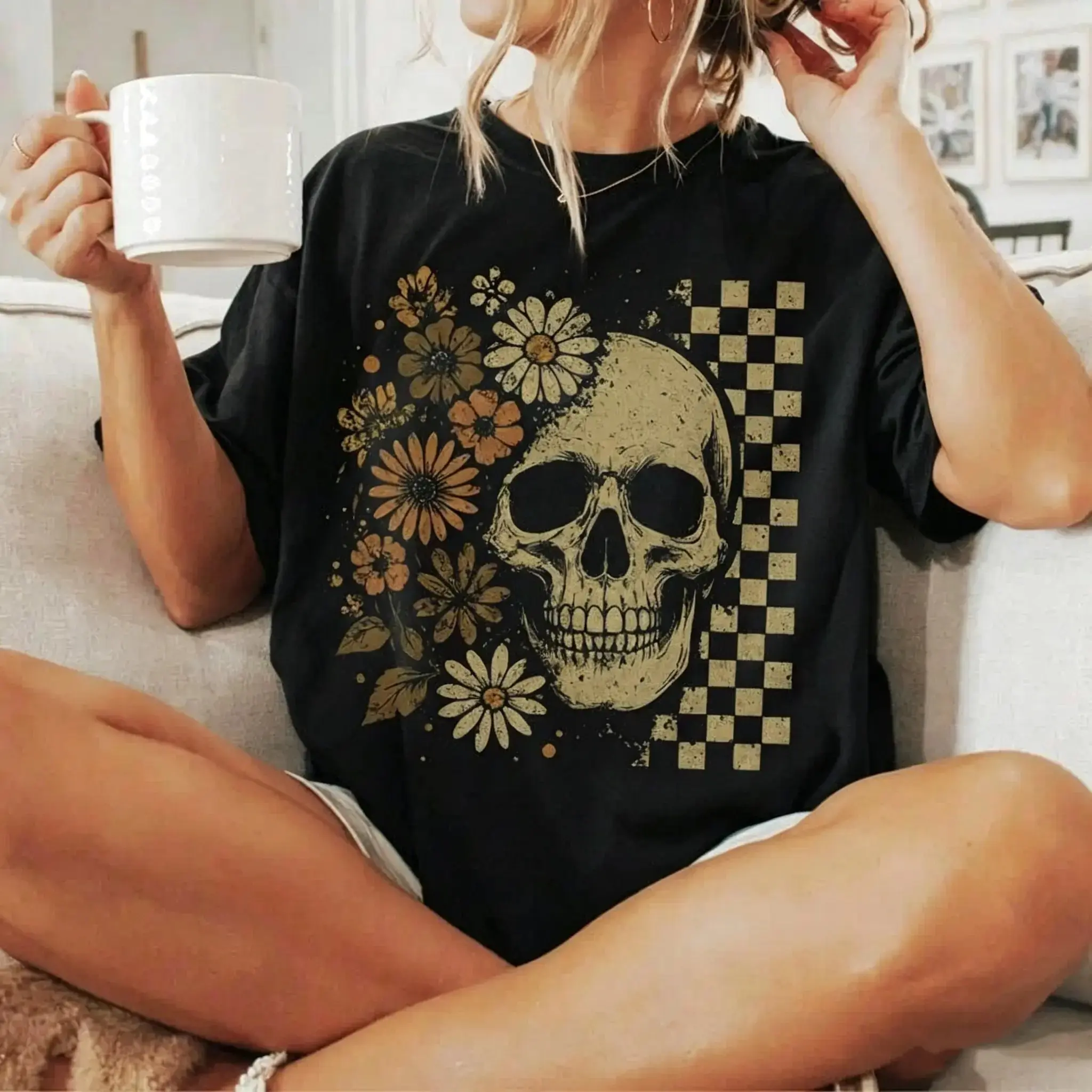 Boho Skull Print Graphic Sweatshirt for Women, Vintage Retro Summerween Cute Spooky Halloween Crewneck - photo 4