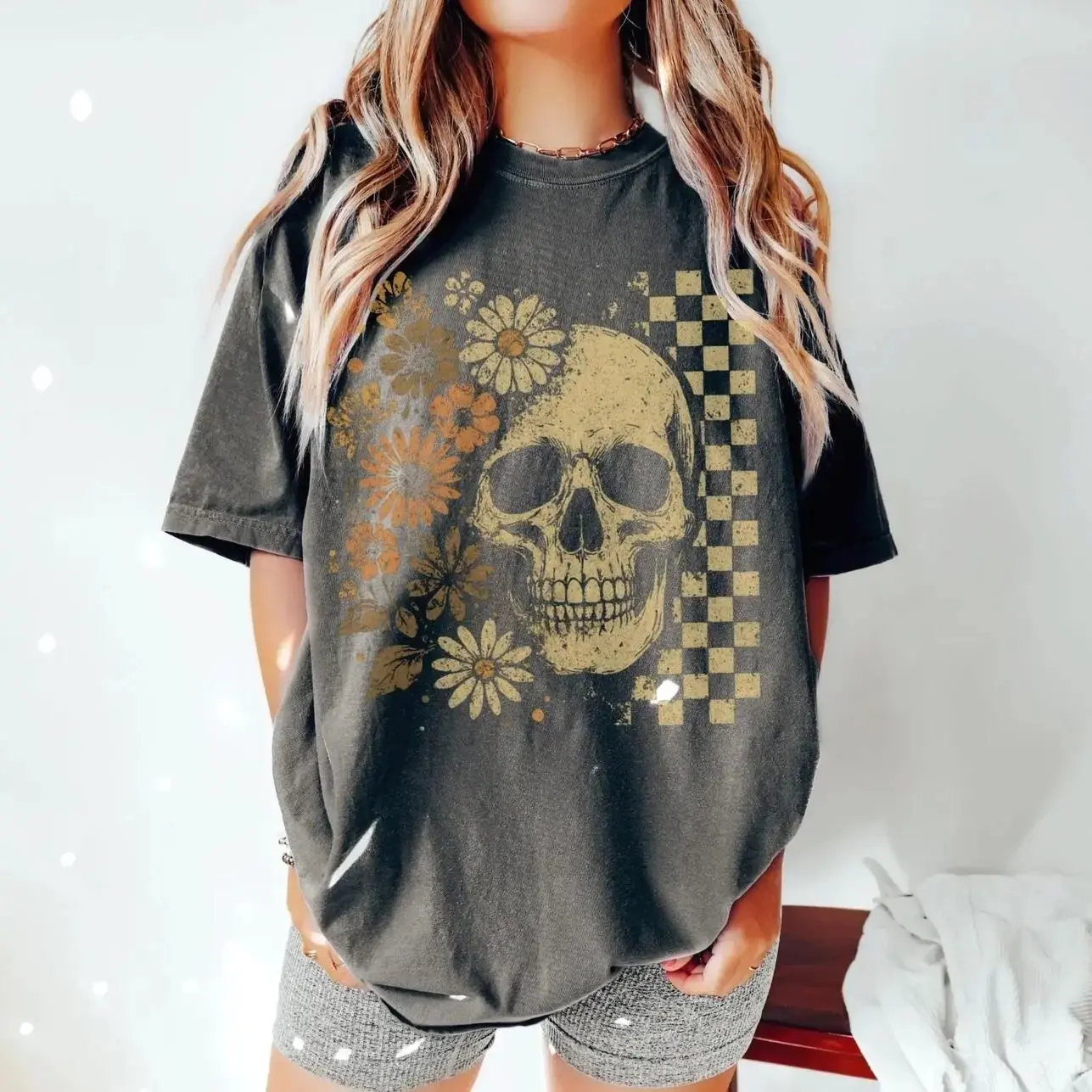 Boho Skull Graphic Tee for Women, Vintage Grunge Retro Summerween Cute Spooky Halloween Shirt - photo 2