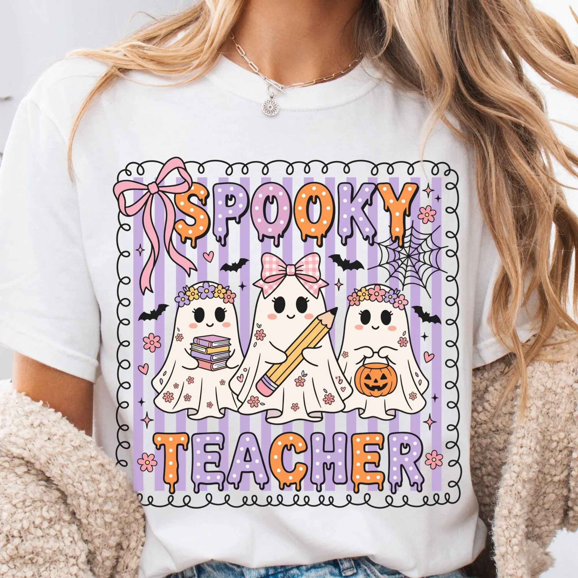 Boo crew ghost Teacher Halloween T-Shirt with Pencil and Pumpkin Design