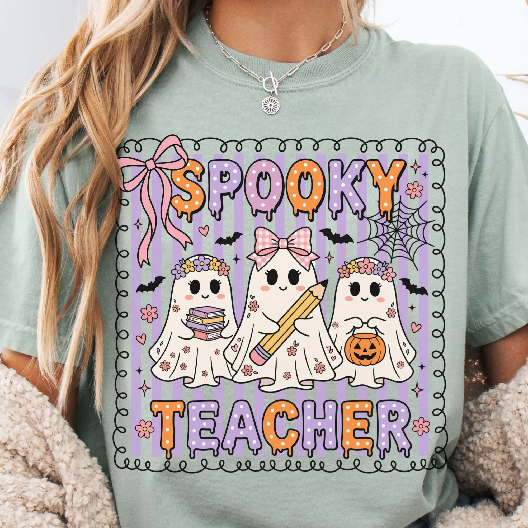Boo crew ghost Teacher Halloween T-Shirt with Pencil and Pumpkin Design - photo 2