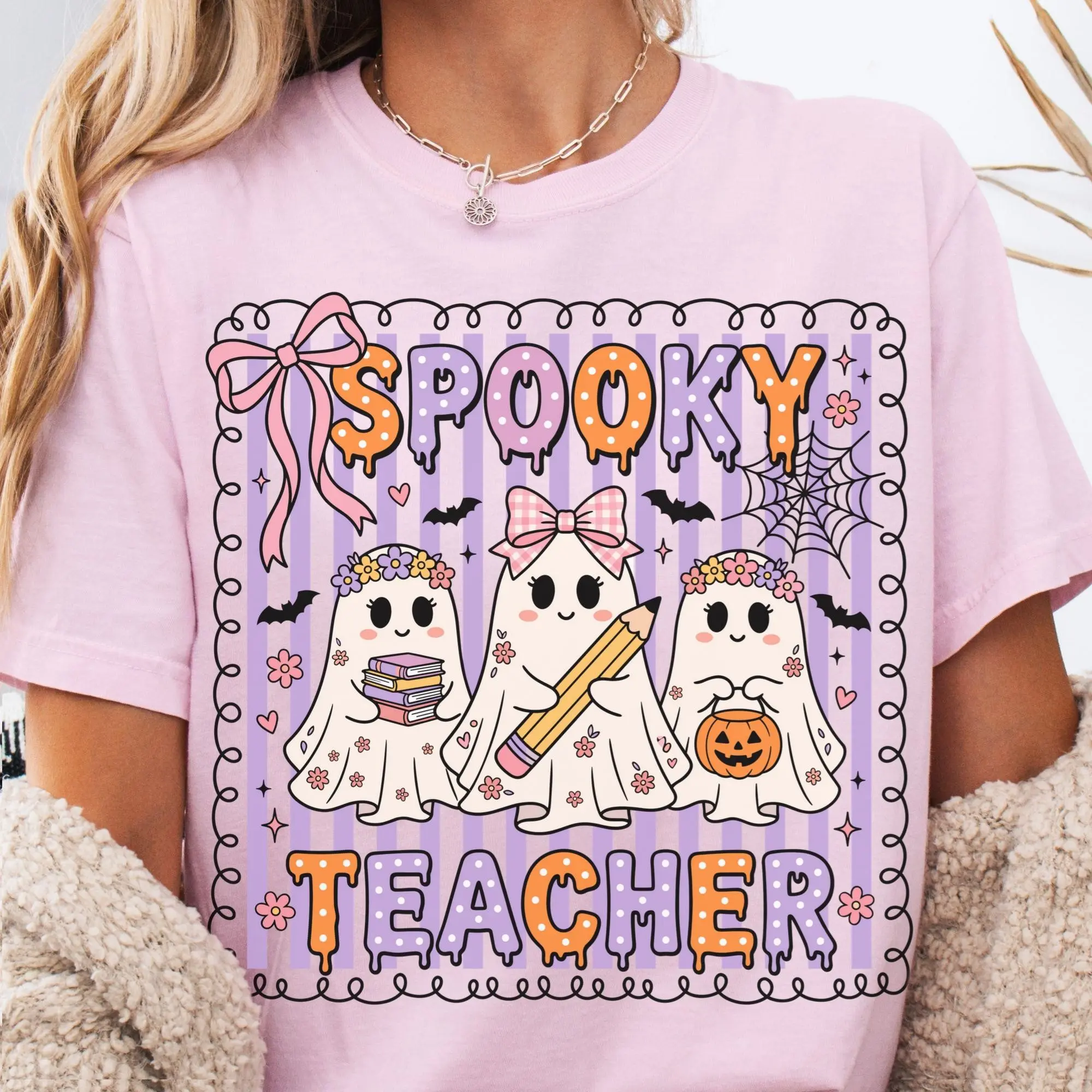 Boo crew ghost Teacher Halloween T-Shirt with Pencil and Pumpkin Design - photo 3