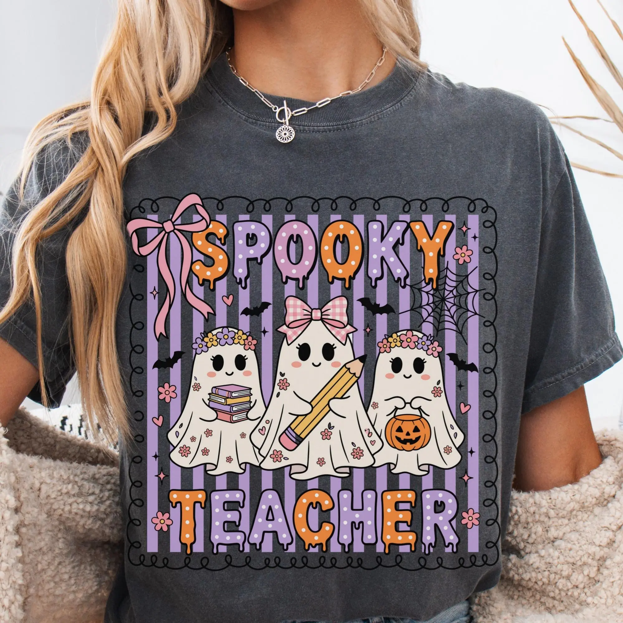 Boo crew ghost Teacher Halloween T-Shirt with Pencil and Pumpkin Design - photo 4