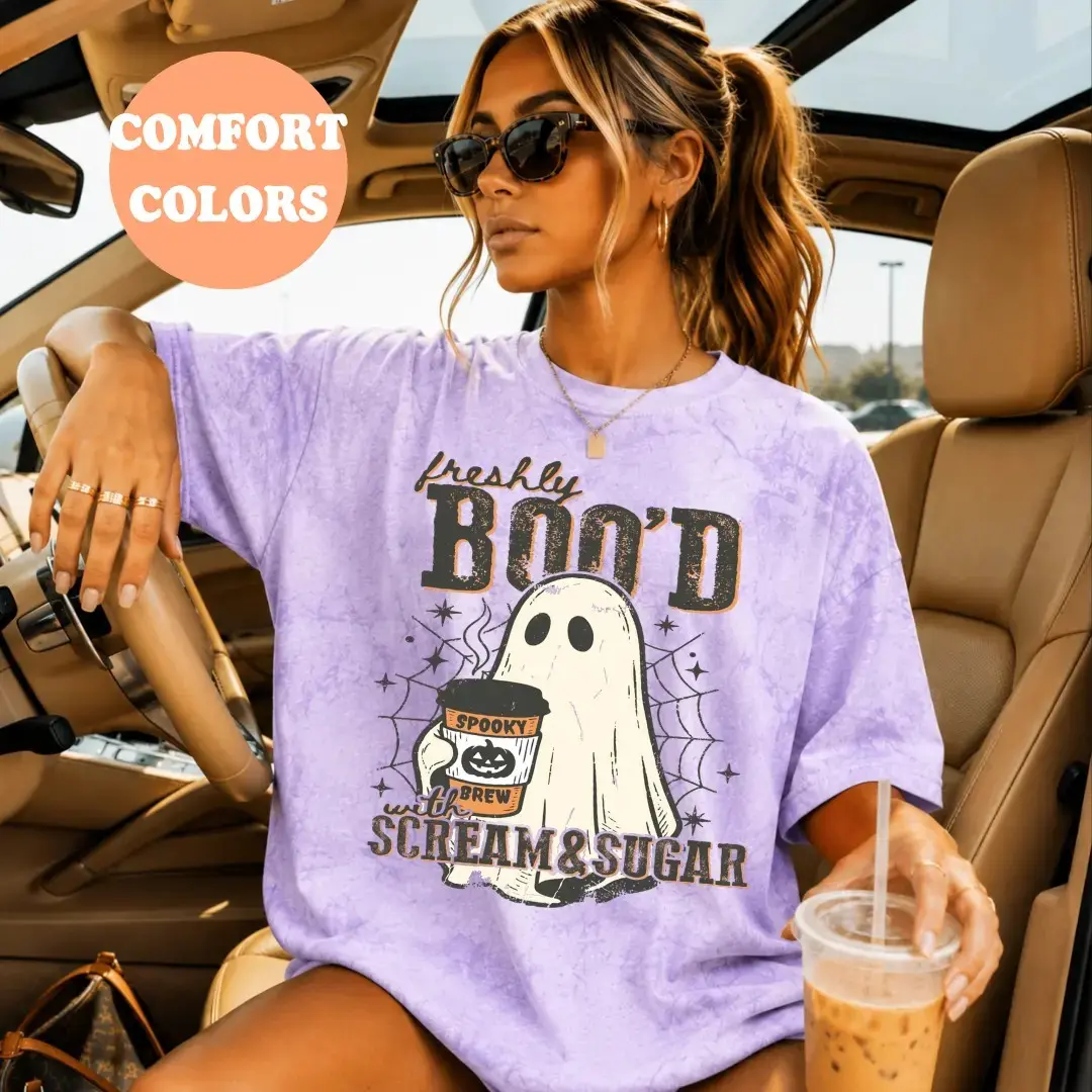 Comfort Colors Boo'd Coffee Lover Shirt, Cute Trendy Oversized Halloween Spooky Season Fall Graphic Tee - photo 3
