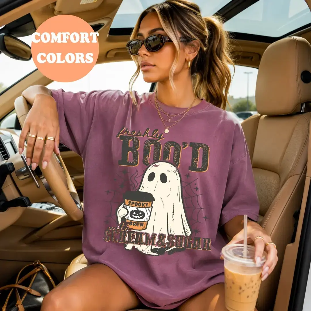 Comfort Colors Boo'd Coffee Lover Shirt, Cute Trendy Oversized Halloween Spooky Season Fall Graphic Tee - photo 4