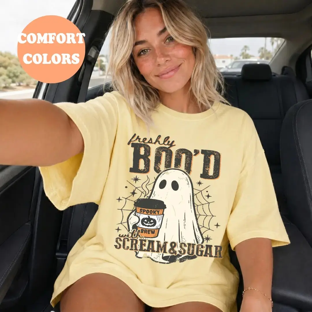 Comfort Colors Boo'd Coffee Lover Shirt, Cute Trendy Oversized Halloween Spooky Season Fall Graphic Tee - photo 5