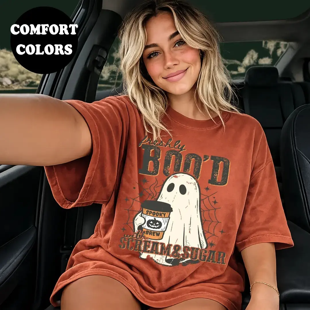 Comfort Colors Boo'd Up Coffee Tee, Womens Oversized Spooky Season Halloween Fall Shirt for Her - photo 2