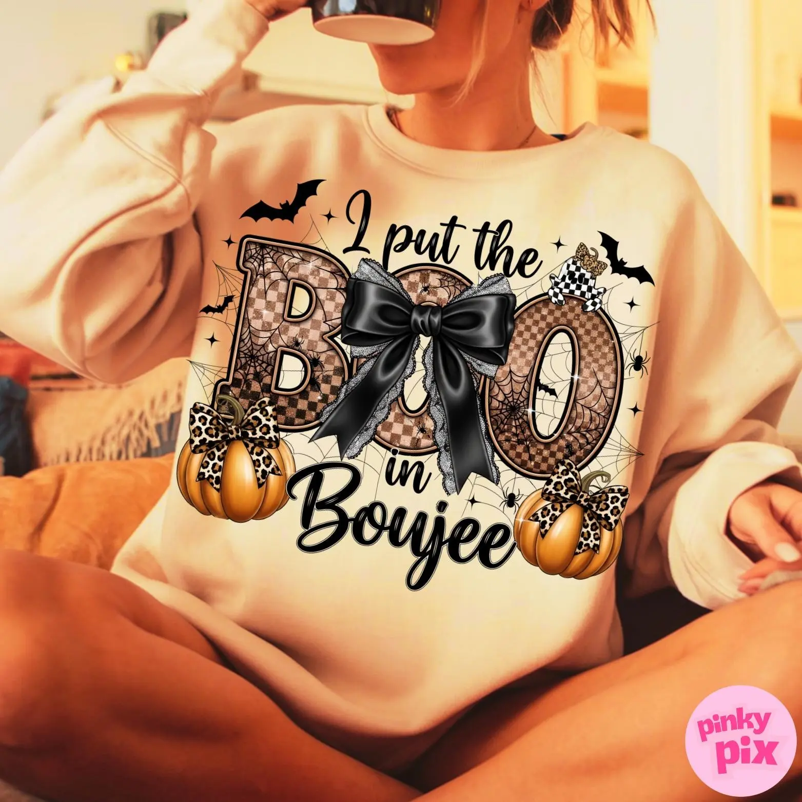Boo in Boujee Coquette Halloween Sweatshirt, Spooky Season Pumpkin Fall Crewneck Pullover for Mama
