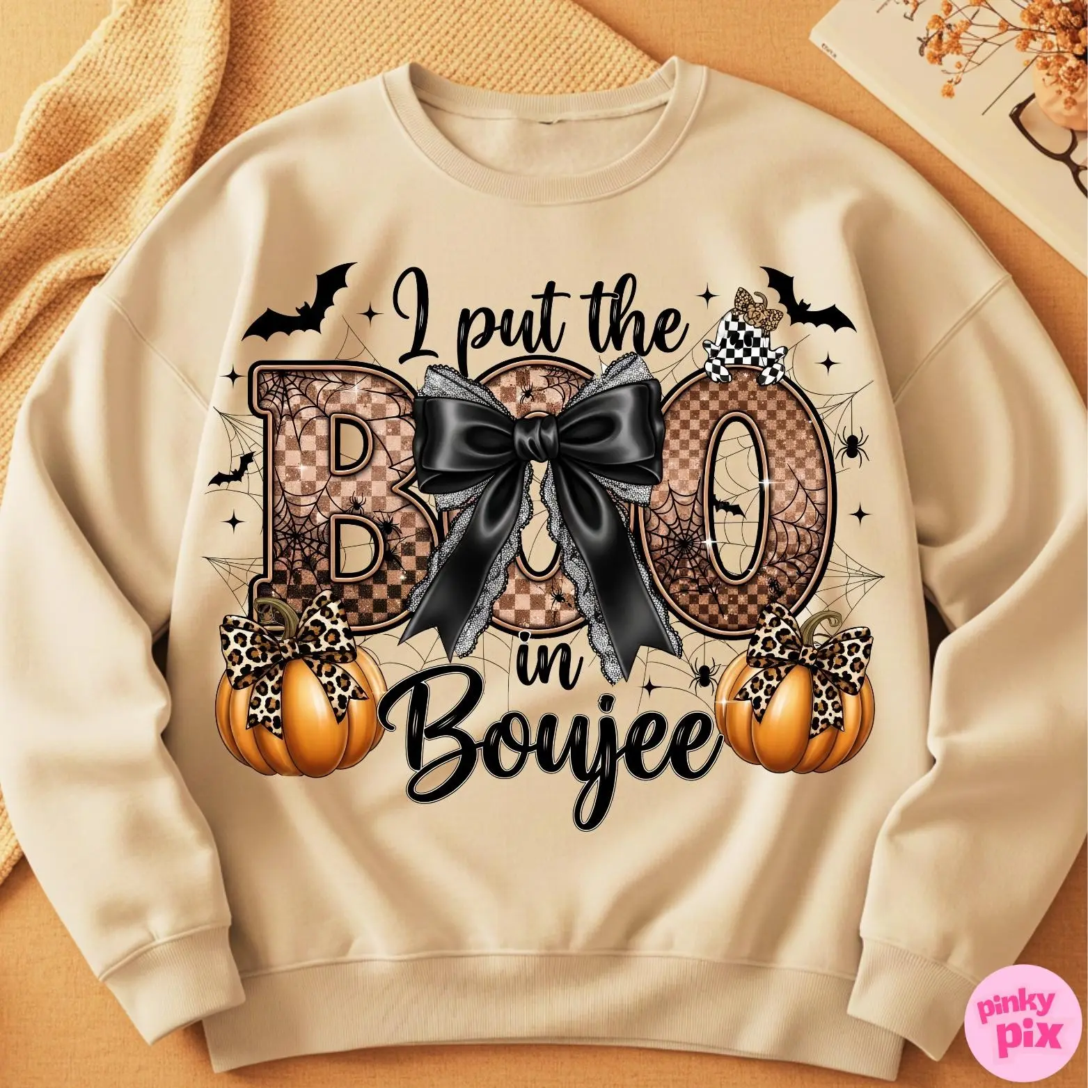 Boo in Boujee Coquette Halloween Sweatshirt, Spooky Season Pumpkin Fall Crewneck Pullover for Mama - photo 5