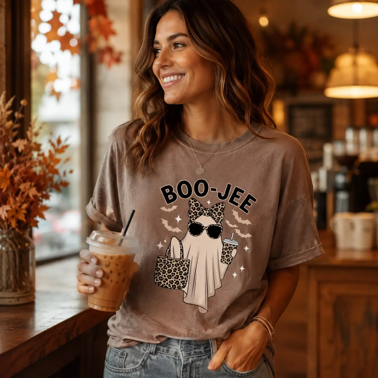 Comfort Colors Boo-jee Halloween Shirt, Leopard Ghost Cute Spooky Season Graphic Tee for Women